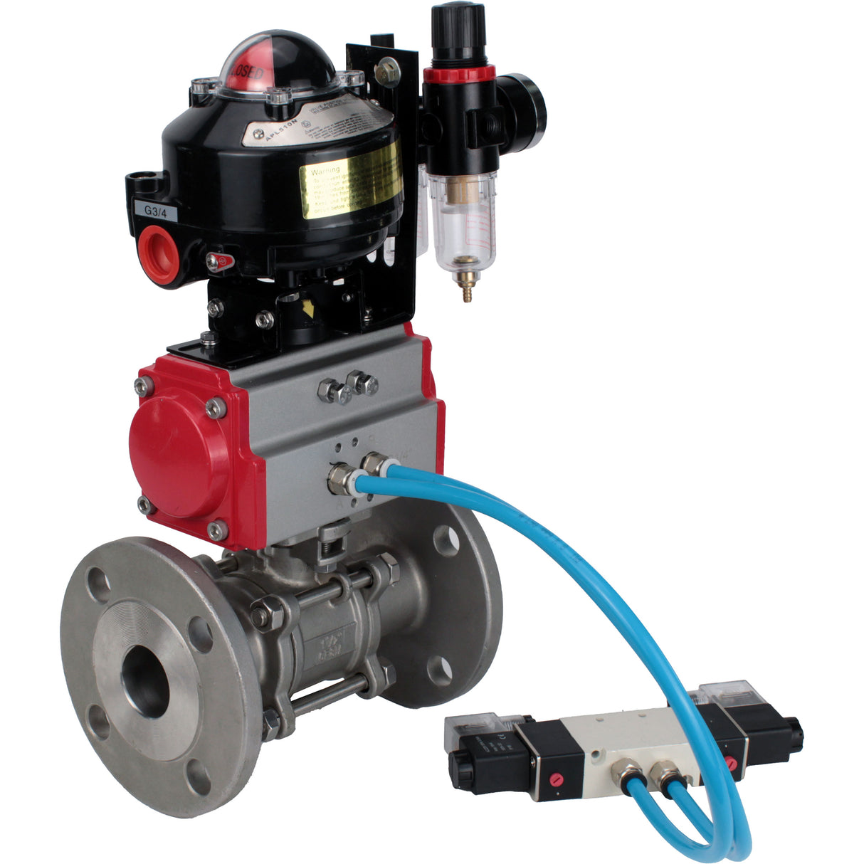 Kugelhähne Elephant BV3232P(3pc)-FP-F-ISO-H mit Flansch, voller Durchgang, dreiteilig, Gehäuse aus Edelstahl. Stahl SS316, Dichtung - PTFE, mit pneumatischem Antrieb Elephant PA-DA 052-130 pneumatischer Verteiler 4V320-10 ATU AFC2000 LSU APL-510N-EX