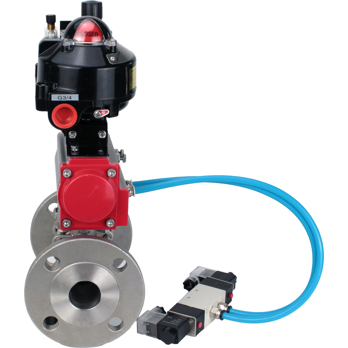 Kugelhähne Elephant BV3232P(3pc)-FP-F-ISO-H mit Flansch, voller Durchgang, dreiteilig, Gehäuse aus Edelstahl. Stahl SS316, Dichtung - PTFE, mit pneumatischem Antrieb Elephant PA-DA 052-130 pneumatischer Verteiler 4V320-10 ATU AFC2000 LSU APL-510N-EX