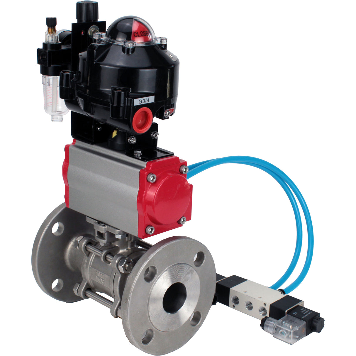 Kugelhähne Elephant BV3232P(3pc)-FP-F-ISO-H mit Flansch, voller Durchgang, dreiteilig, Gehäuse aus Edelstahl. Stahl SS316, Dichtung - PTFE, mit pneumatischem Antrieb Elephant PA-DA 052-130 pneumatischer Verteiler 4V320-10 ATU AFC2000 LSU APL-510N-EX