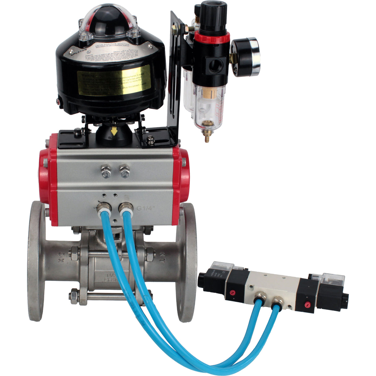 Kugelhähne Elephant BV3232P(3pc)-FP-F-ISO-H mit Flansch, voller Durchgang, dreiteilig, Gehäuse aus Edelstahl. Stahl SS316, Dichtung - PTFE, mit pneumatischem Antrieb Elephant PA-DA 052-130 pneumatischer Verteiler 4V320-10 ATU AFC2000 LSU APL-510N-EX