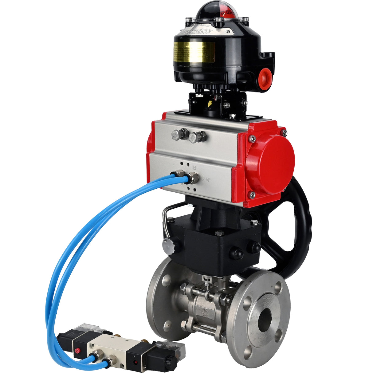 Kugelhähne Elephant BV3232P(3-teilig)-FP-F-ISO-H mit Flansch, voller Durchgang, dreiteilig, Gehäuse aus Edelstahl. Stahl SS316, Dichtung - PTFE, mit pneumatischem Antrieb Elephant PA-DA 052-130 pneumatischer Verteiler 4V320-10 Getriebe MON LSU APL-510N-EX