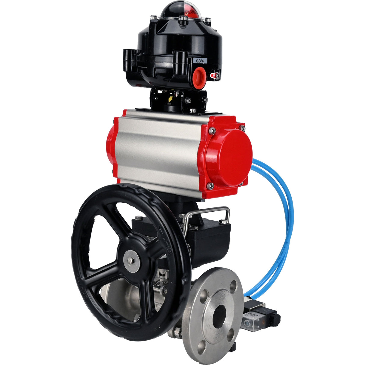 Kugelhähne Elephant BV3232P(3-teilig)-FP-F-ISO-H mit Flansch, voller Durchgang, dreiteilig, Gehäuse aus Edelstahl. Stahl SS316, Dichtung - PTFE, mit pneumatischem Antrieb Elephant PA-DA 052-130 pneumatischer Verteiler 4V320-10 Getriebe MON LSU APL-510N-EX