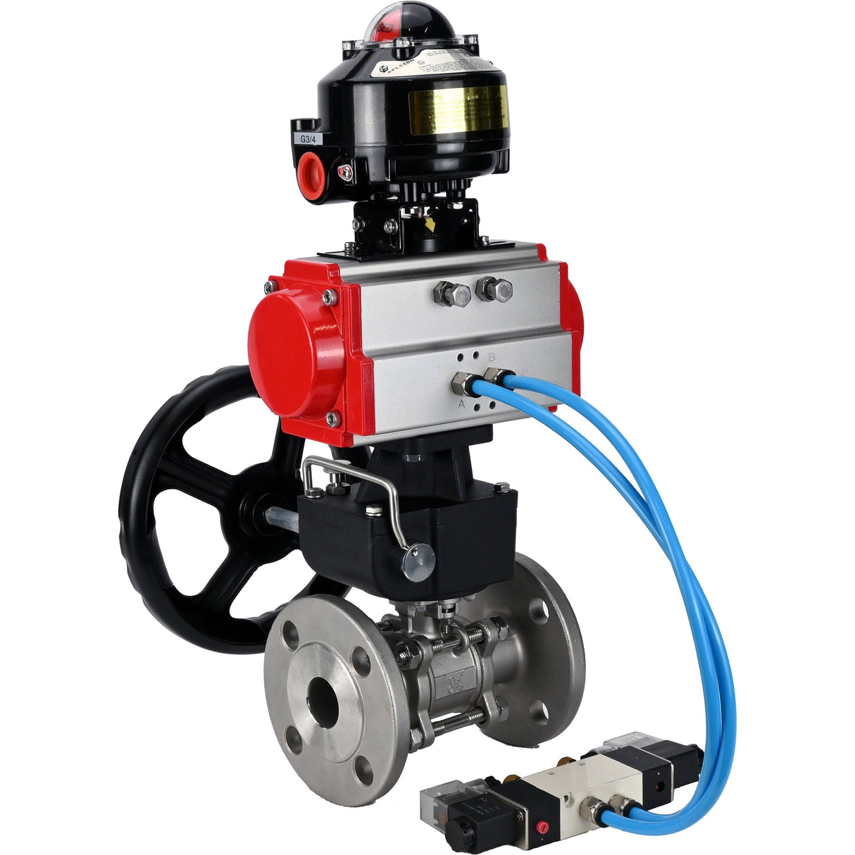 Kugelhähne Elephant BV3232P(3-teilig)-FP-F-ISO-Flansch, voller Durchgang, dreiteilig, Gehäuse aus Edelstahl. Stahl SS316, Dichtung - PTFE, mit pneumatischem Antrieb Elephant PA-DA 052-130 pneumatischer Verteiler 4V320-08 Getriebe MON LSU APL-510N-EX