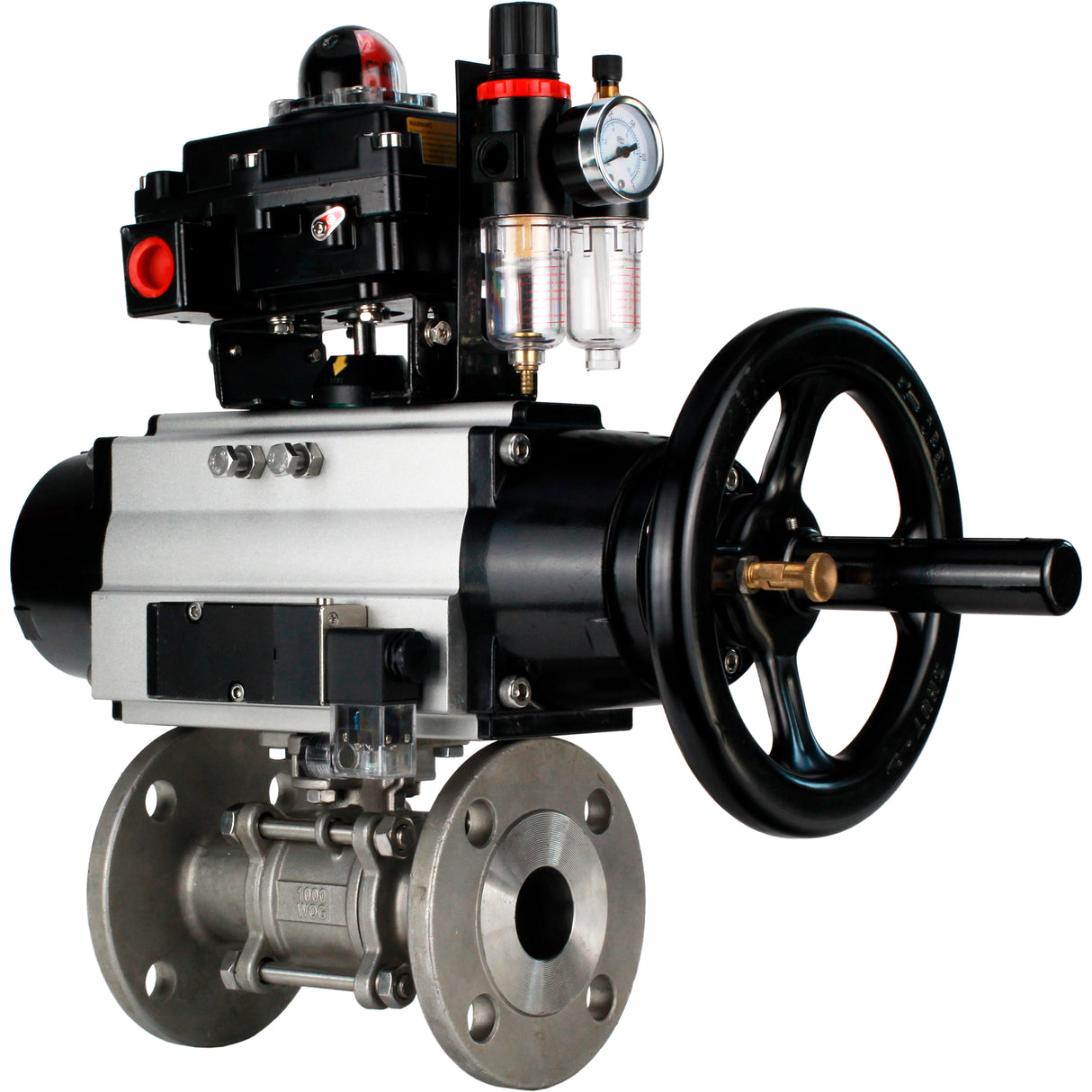Ball valves Elephant BV3232P(3pc)-FP-F-ISO-H DN65-100 25/40 bar flanged with ISO flange, body - 316 stainless steel, full bore, seal - PTFE, with pneumatic drive PA-DA-105-1, pneumatic distributor 4M310-08 NAMUR 220V, LSU APL-410N Ex, ATU AFC2000