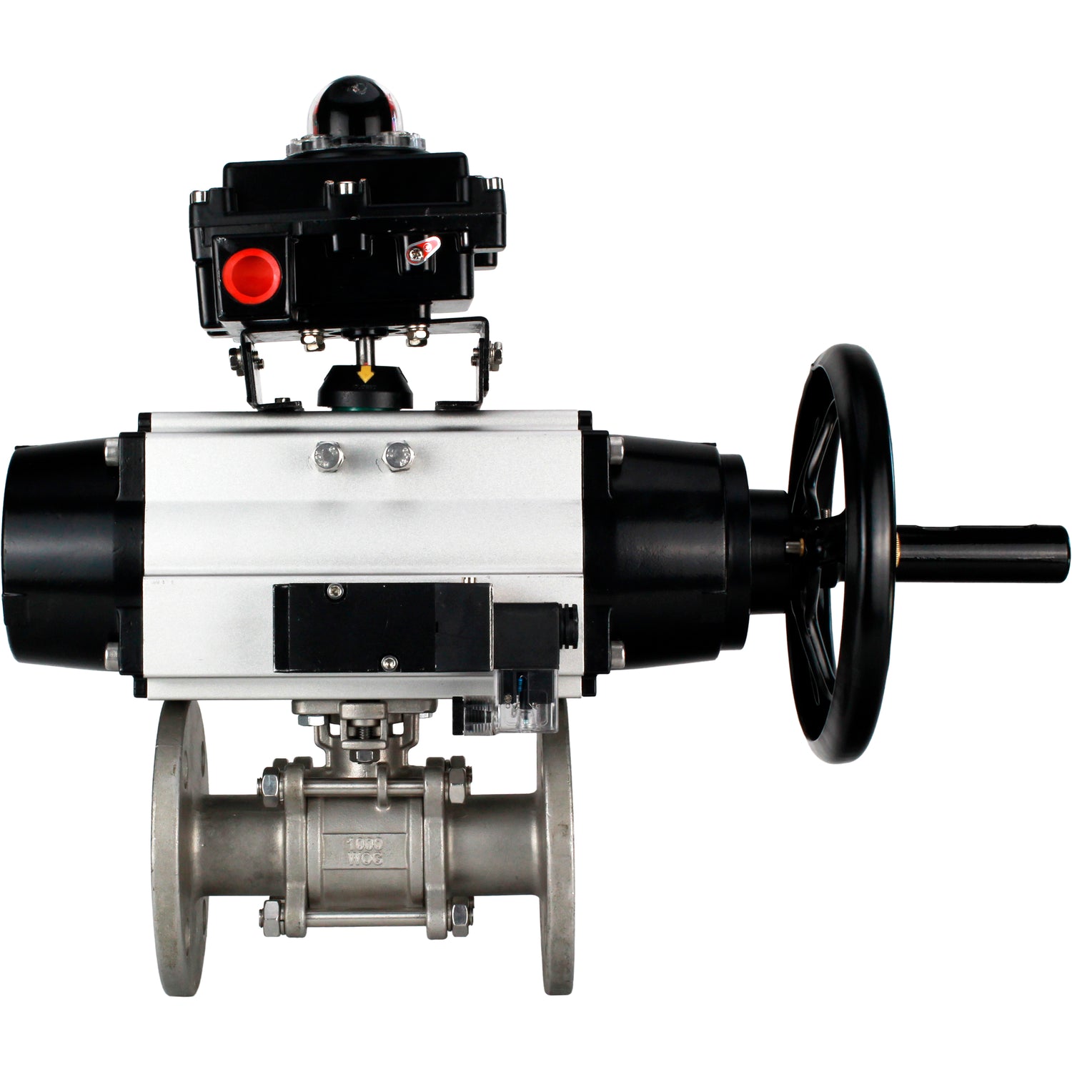 Ball valves Elephant BV3232P(3pc)-FP-F-ISO-H DN65-100 25/40 bar flanged with ISO flange, body - 316 stainless steel, full bore, seal - PTFE, with pneumatic drive PA-DA-105-1, pneumatic distributor 4M310-08 24V, LSU APL-410N Ex