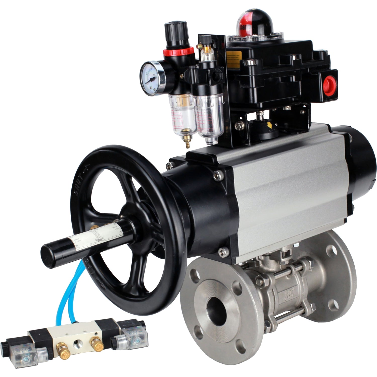 Ball valves Elephant BV3232P(3pc)-FP-F-ISO-H DN65-100 25/40 bar flanged with ISO flange, body - 316 stainless steel, full bore, seal - PTFE, with pneumatic drive PA-DA-105-1, pneumatic distributor 4V320-10 220V, LSU APL-410N Ex, ATU AFC2000