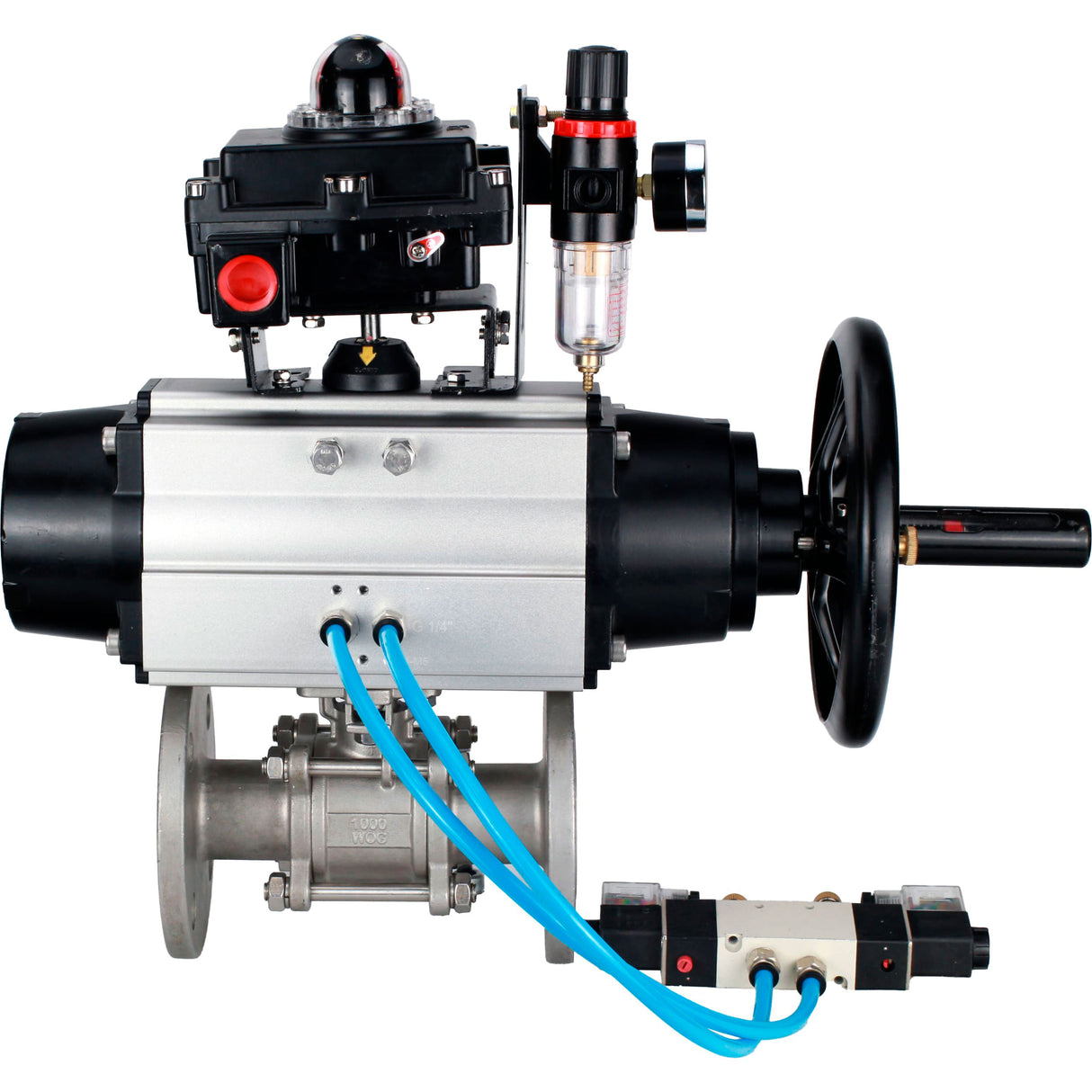 Ball valves Elephant BV3232P(3pc)-FP-F-ISO-H DN65-100 25/40 bar flanged with ISO flange, body - 316 stainless steel, full bore, seal - PTFE, with pneumatic drive PA-DA-105-1, pneumatic distributor 4V320-10 220V, LSU APL-410N Ex, ATU AFC2000