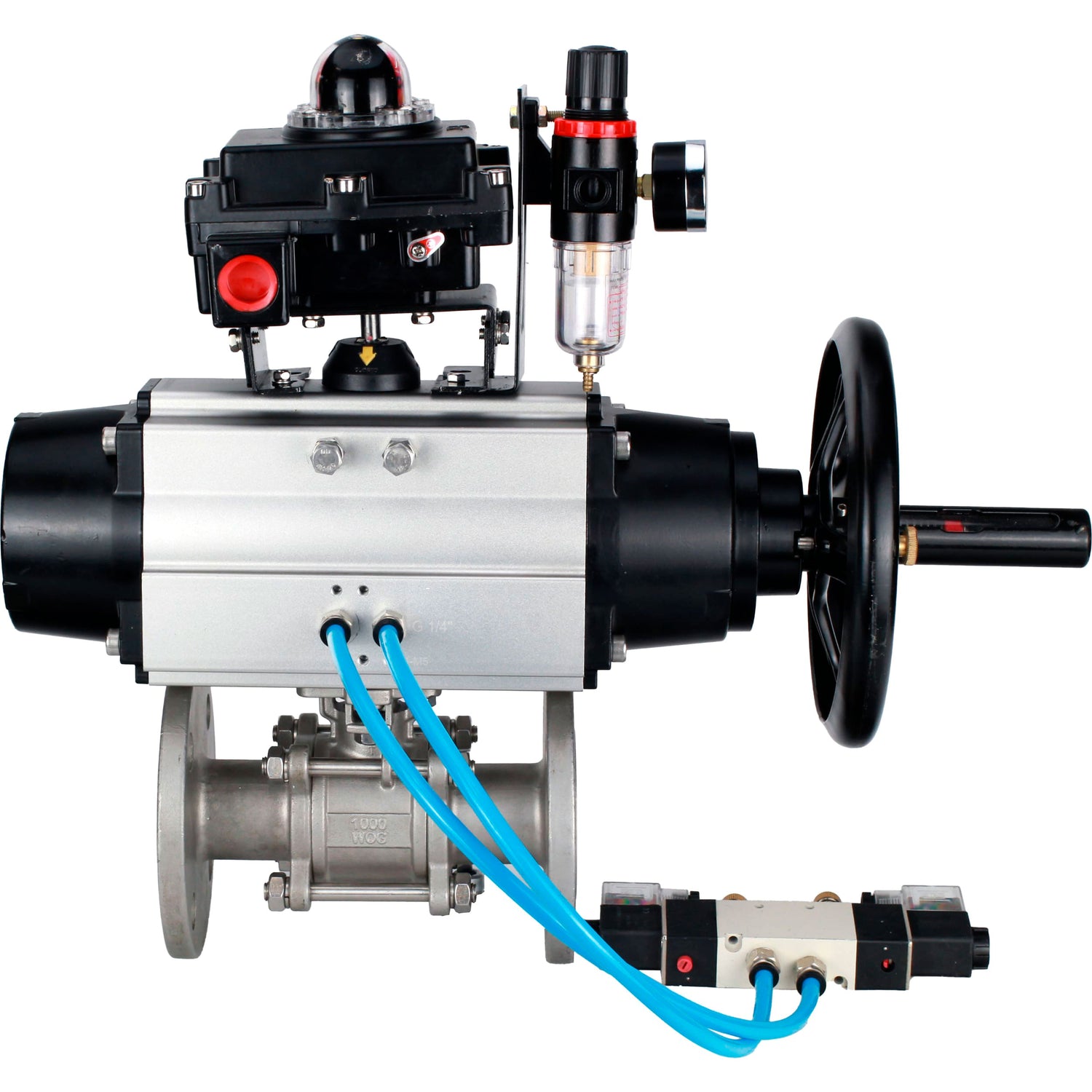 Ball valves Elephant BV3232P(3pc)-FP-F-ISO-H DN65-100 25/40 bar flanged with ISO flange, body - 316 stainless steel, full bore, seal - PTFE, with pneumatic drive PA-DA-105-1, pneumatic distributor 4V320-10 220V, LSU APL-410N Ex, ATU AFC2000
