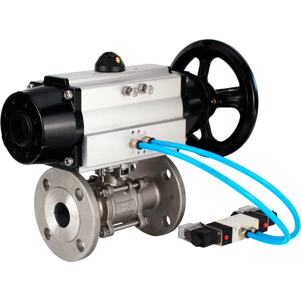 Ball valves Elephant BV3232P(3pc)-FP-F-ISO-H DN65-100 25/40 bar flanged with ISO flange, body - 316 stainless steel, full bore, seal - PTFE, with pneumatic drive PA-DA-105-1, pneumatic distributor 4V320-10 220V