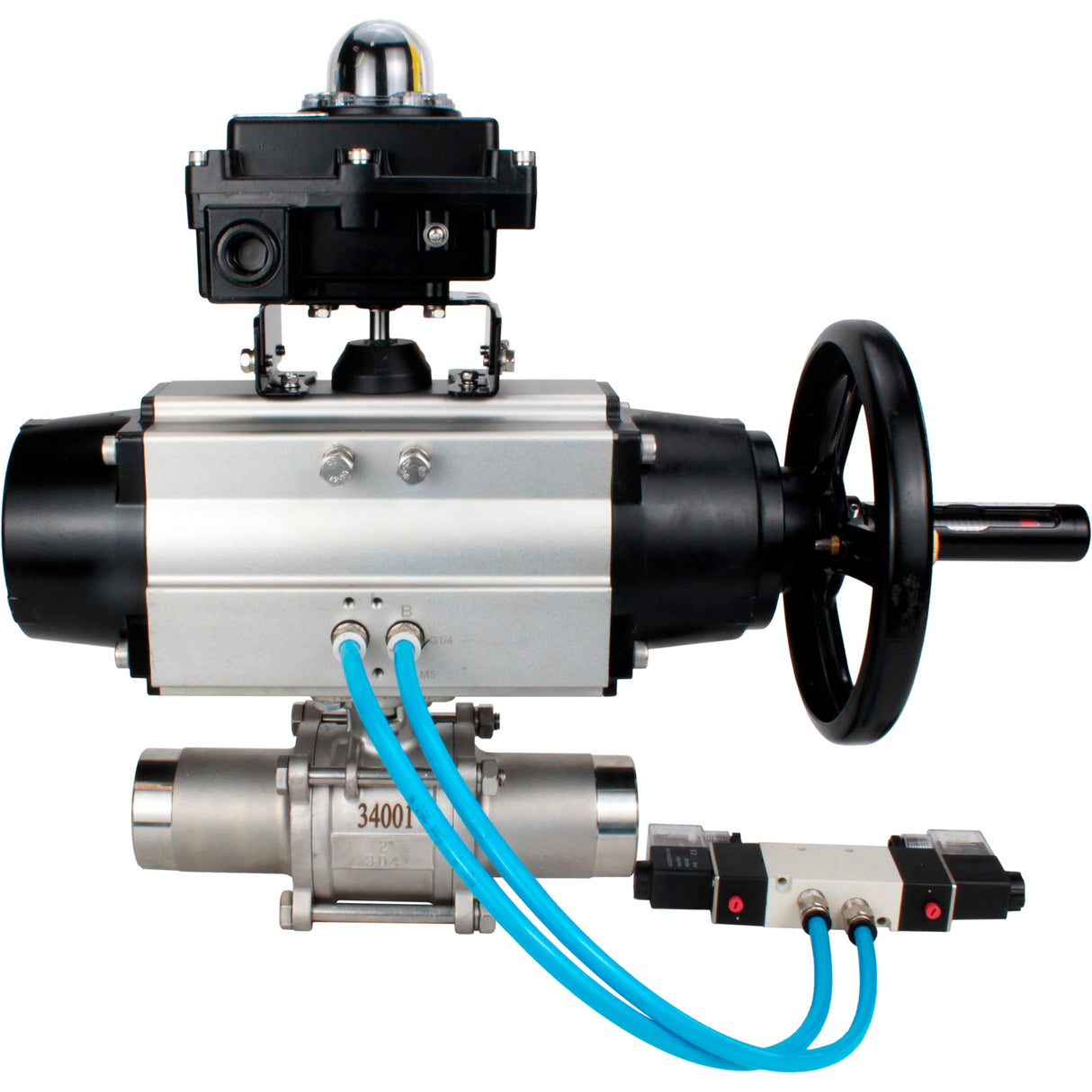 Kugelhähne Elephant BV3131P(3pc)-FP-W-ISO-H LANG, Gehäusematerial - Edelstahl AISI 304, Dichtung - PTFE / PTFE / Teflon, mit pneumatischem Doppelwirkungsantrieb PA-DA-105-1, 4V320-10 220V, LSU APL-410N Ex