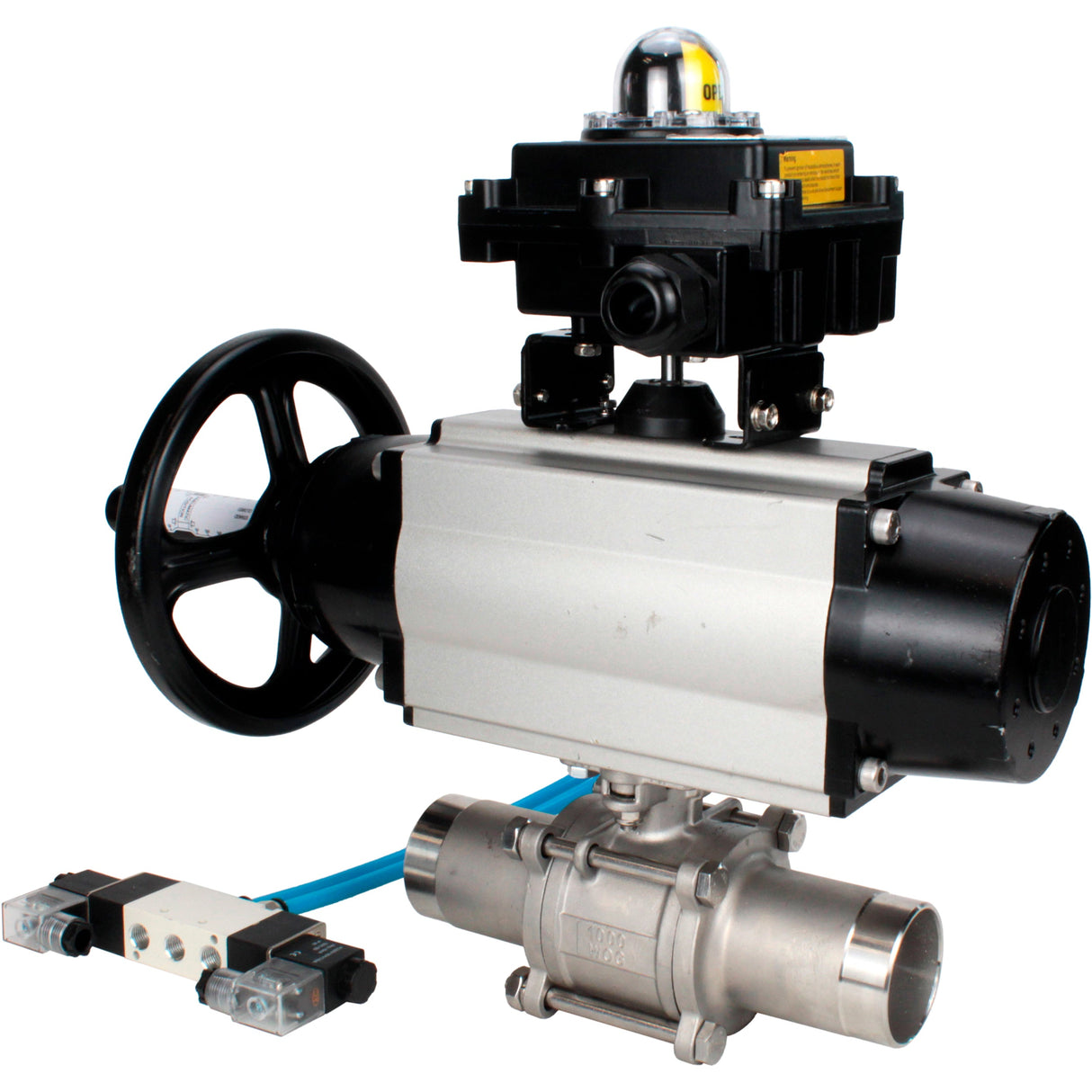 Kugelhähne Elephant BV3131P(3pc)-FP-W-ISO-H LANG, Gehäusematerial - Edelstahl AISI 304, Dichtung - PTFE / PTFE / Teflon, mit pneumatischem Doppelwirkungsantrieb PA-DA-105-1, 4V320-10 220V, LSU APL-410N Ex