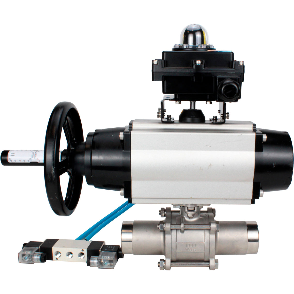 Kugelhähne Elephant BV3131P(3pc)-FP-W-ISO-H LANG, Gehäusematerial - Edelstahl AISI 304, Dichtung - PTFE / PTFE / Teflon, mit pneumatischem Doppelwirkungsantrieb PA-DA-105-1, 4V320-10 220V, LSU APL-410N Ex