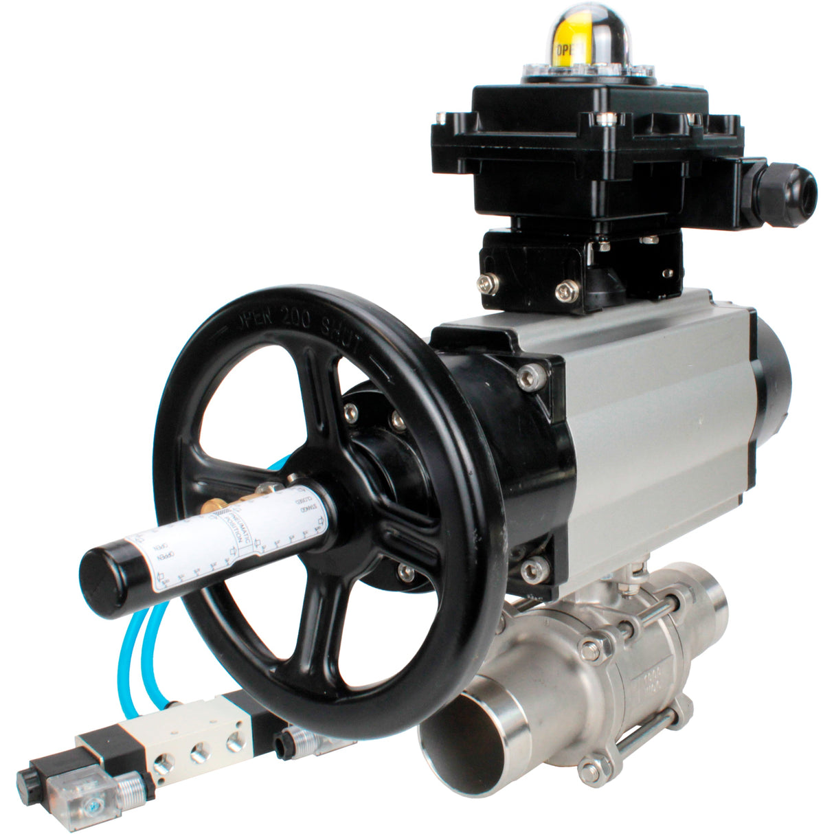 Kugelhähne Elephant BV3131P(3pc)-FP-W-ISO-H LANG, Gehäusematerial - Edelstahl AISI 304, Dichtung - PTFE / PTFE / Teflon, mit pneumatischem Doppelwirkungsantrieb PA-DA-105-1, 4V320-10 220V, LSU APL-410N Ex