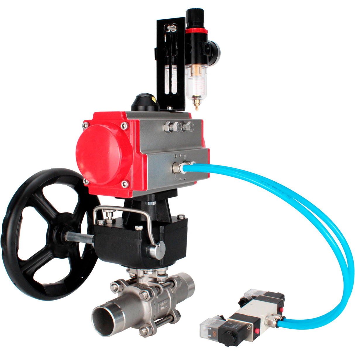 Kugelhähne Elephant BV3131P(3pc)-FP-W-ISO-H LANG voll durchgängig, Gehäuse - Edelstahl 304, zum Schweißen, mit pneumatischem Antrieb PA-DA, pneumatischem Verteiler 4V320-10 220V, MON-Reduzierer und ATU AFC2000