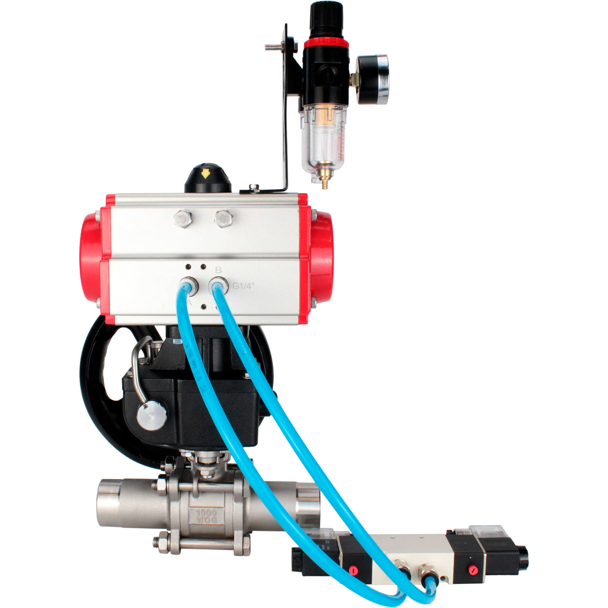 Kugelhähne Elephant BV3232P(3pc)-FP-W-ISO-H LANG voll durchgängig, Gehäuse - Edelstahl 316, zum Schweißen, mit pneumatischem Antrieb PA-DA, pneumatischem Verteiler 4V320-10 220V, MON-Reduzierer und ATU AFC2000