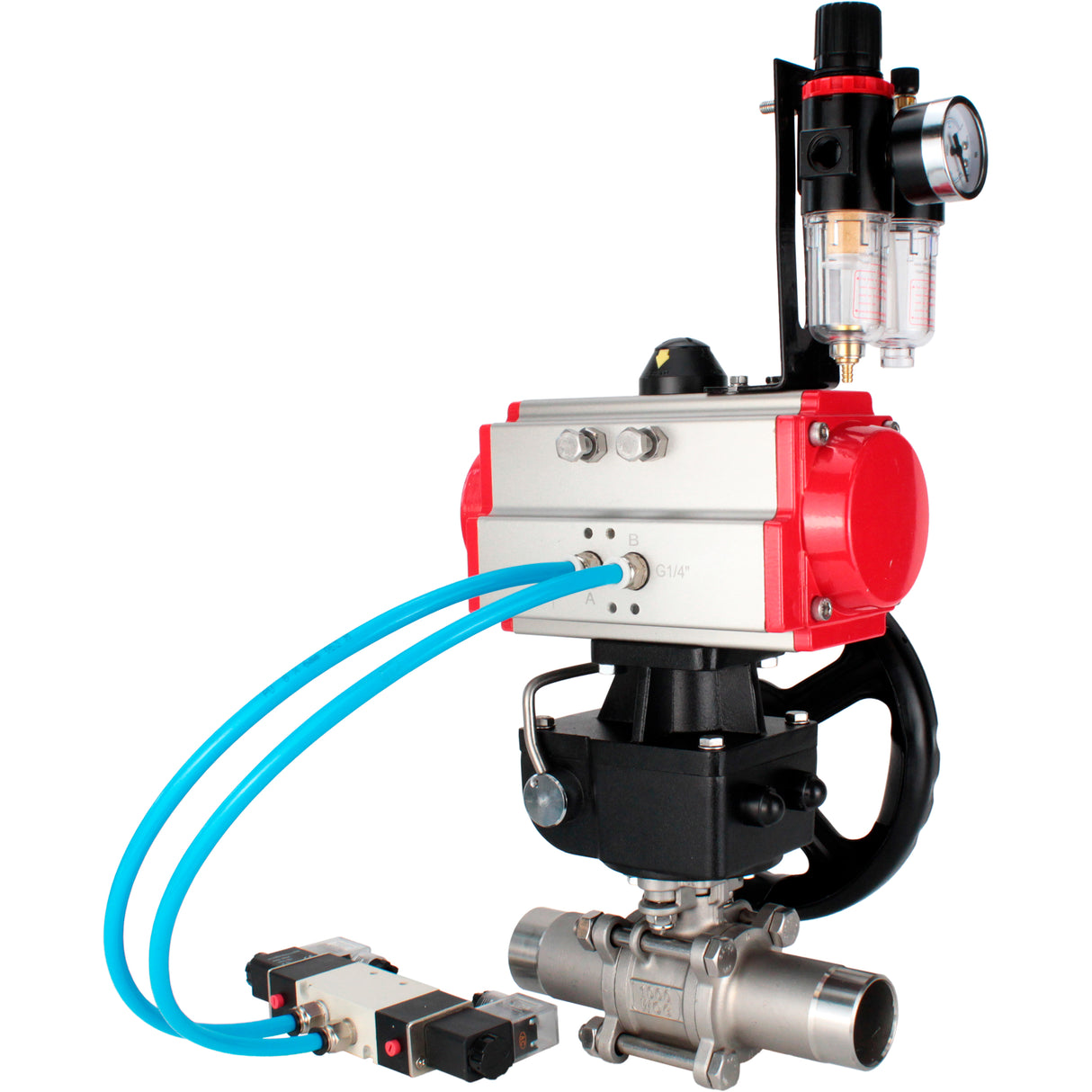 Kugelhähne Elephant BV3131P(3pc)-FP-W-ISO-H LANG voll durchgängig, Gehäuse - Edelstahl 304, zum Schweißen, mit pneumatischem Antrieb PA-DA, pneumatischem Verteiler 4V320-10 220V, MON-Reduzierer und ATU AFC2000