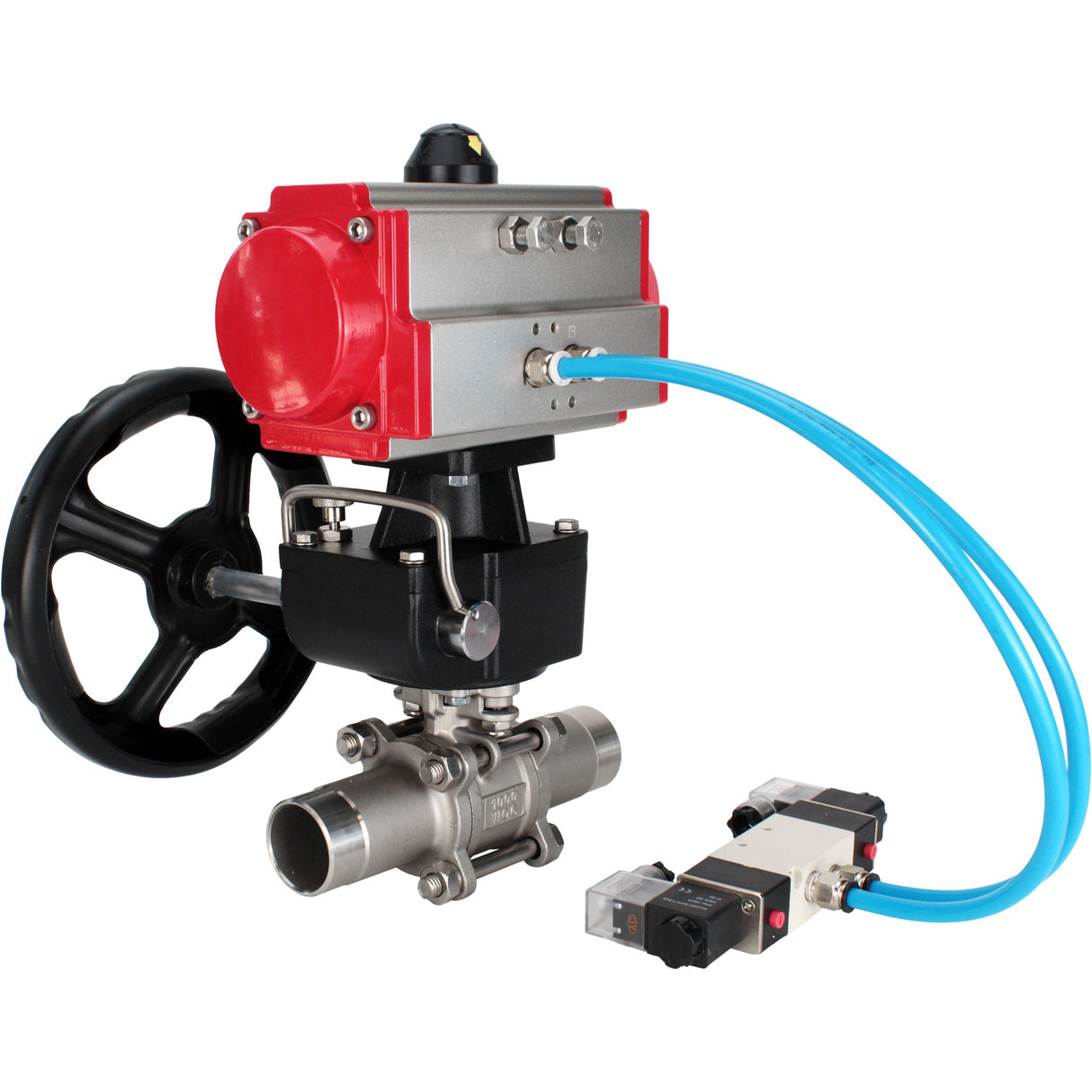 Kugelhähne Elephant BV3131P(3pc)-FP-W-ISO-H LANG voll durchgängig, Gehäuse - Edelstahl 304, zum Schweißen, mit pneumatischem Antrieb PA-DA, pneumatischem Verteiler 4V320-08 220V und MON-Reduzierer