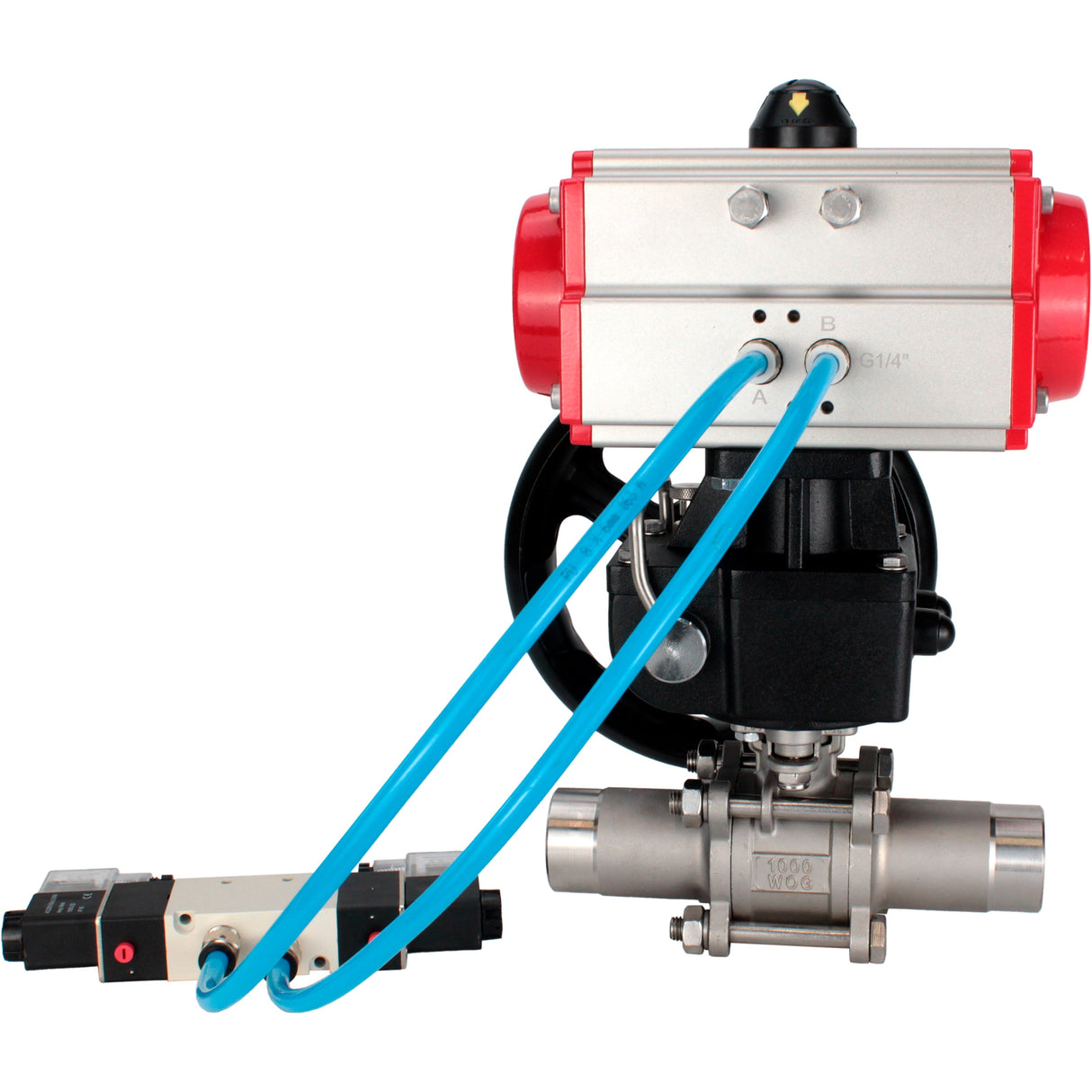 Kugelhähne Elephant BV3131P(3pc)-FP-W-ISO-H LANG voll durchgängig, Gehäuse - Edelstahl 304, zum Schweißen, mit pneumatischem Antrieb PA-DA, pneumatischem Verteiler 4V320-08 220V und MON-Reduzierer