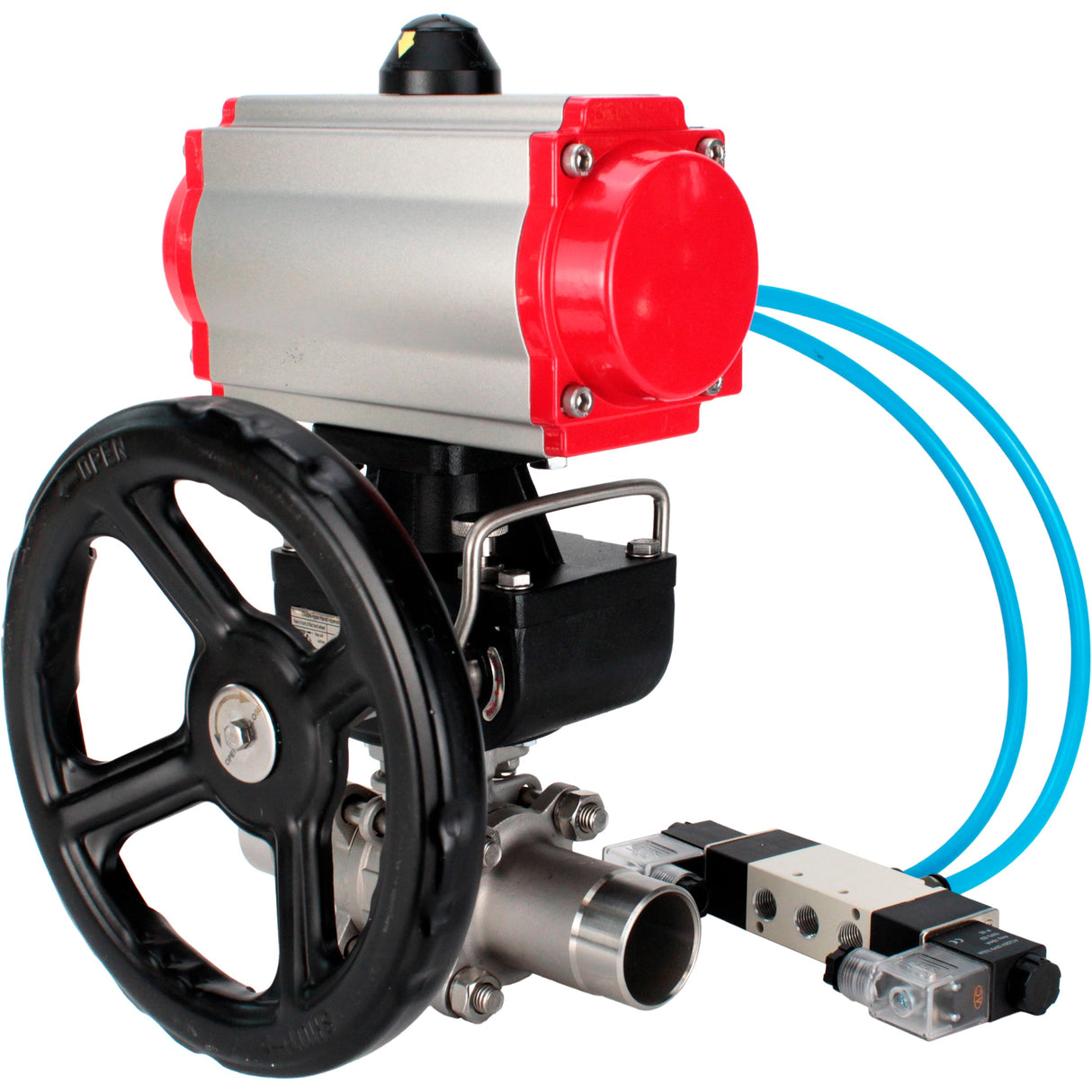 Kugelhähne Elephant BV3131P(3pc)-FP-W-ISO-H LANG voll durchgängig, Gehäuse - Edelstahl 304, zum Schweißen, mit pneumatischem Antrieb PA-DA, pneumatischem Verteiler 4V320-08 220V und MON-Reduzierer