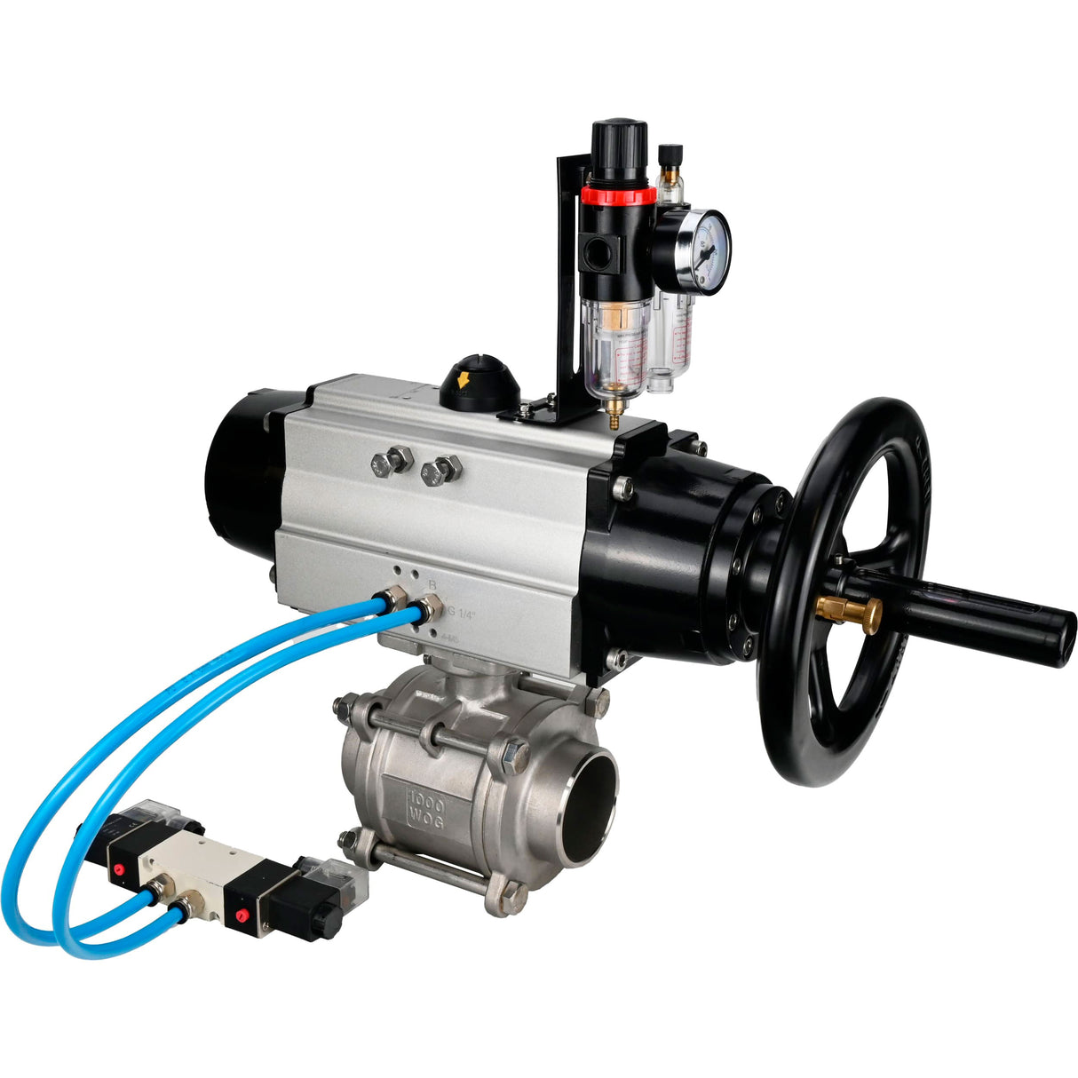 Kugelhähne Elephant BV3232P(3pc)-FP-W-ISO-H, Gehäusematerial - Edelstahl AISI 316, Dichtung - PTFE / PTFE / Teflon, mit pneumatischem Doppelwirkungsantrieb PA-DA-105-1, 4V320-08 220V, ATU AFC2000