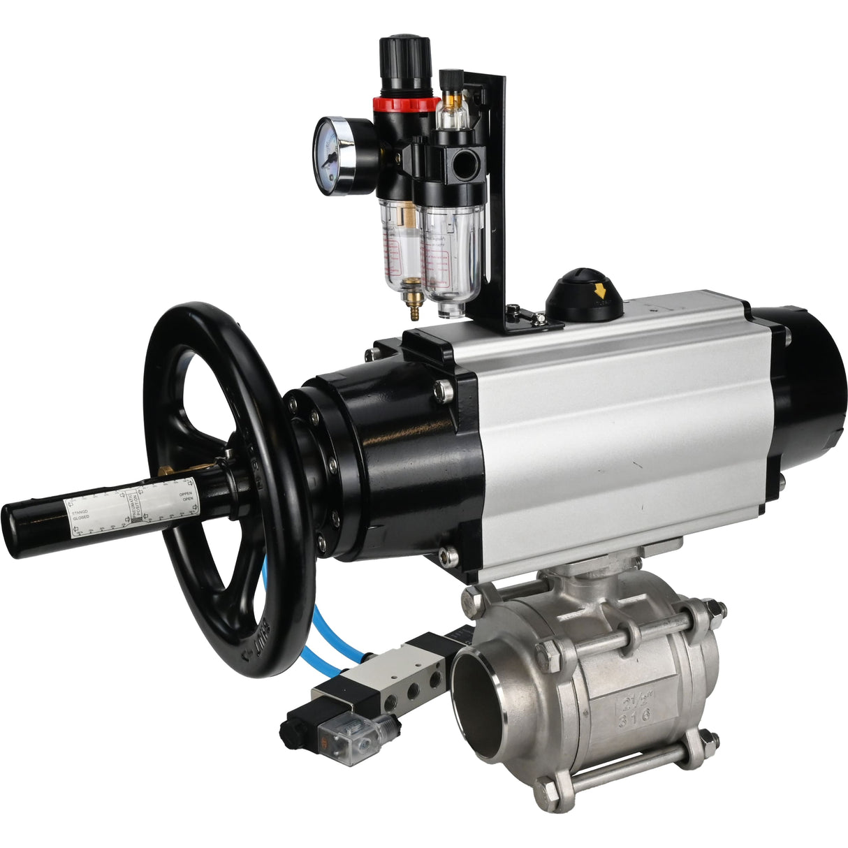 Kugelhähne Elephant BV3232P(3pc)-FP-W-ISO-H, Gehäusematerial - Edelstahl AISI 316, Dichtung - PTFE / PTFE / Teflon, mit pneumatischem Doppelwirkungsantrieb PA-DA-105-1, 4V320-08 220V, ATU AFC2000