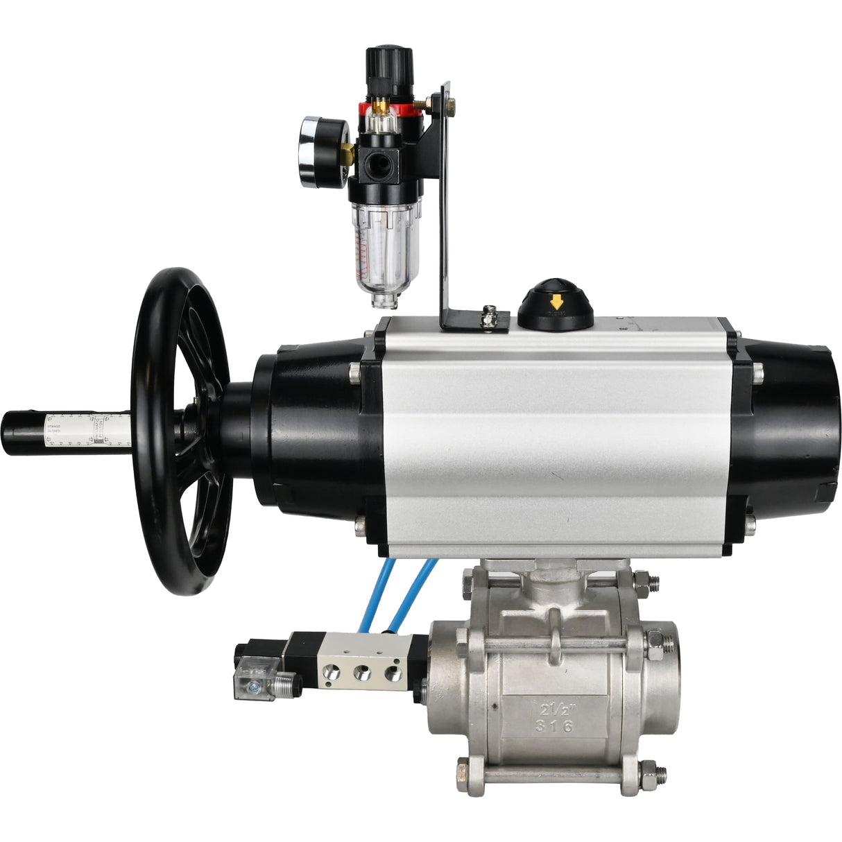 Kugelhähne Elephant BV3232P(3pc)-FP-W-ISO-H, Gehäusematerial - Edelstahl AISI 316, Dichtung - PTFE / PTFE / Teflon, mit pneumatischem Doppelwirkungsantrieb PA-DA-105-1, 4V320-08 220V, ATU AFC2000