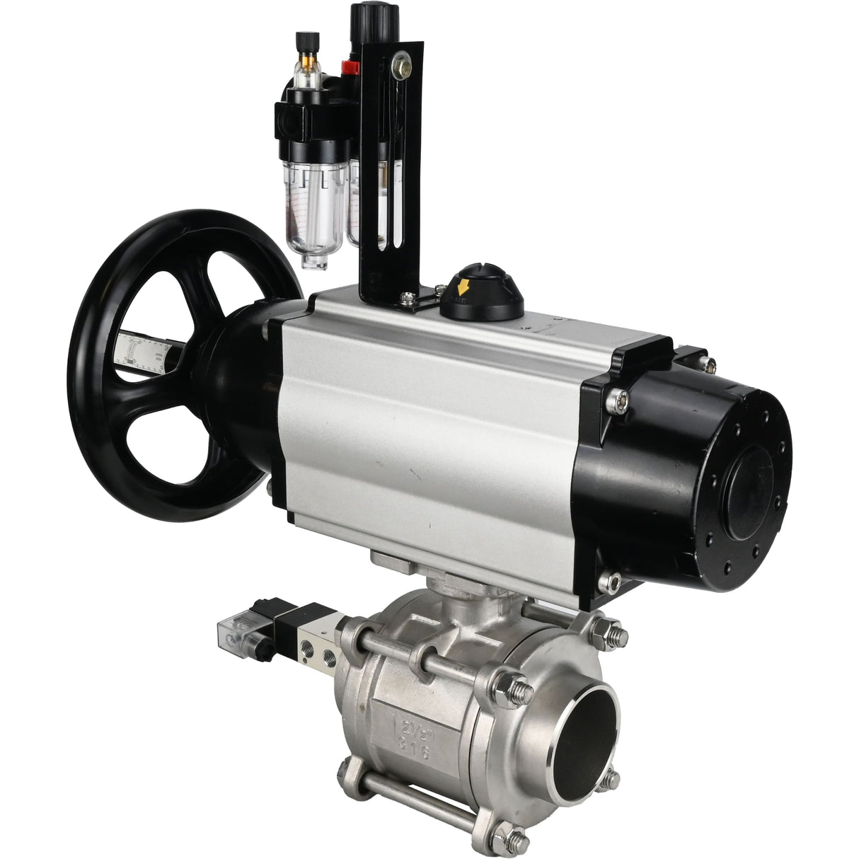 Kugelhähne Elephant BV3232P(3pc)-FP-W-ISO-H, Gehäusematerial - Edelstahl AISI 316, Dichtung - PTFE / PTFE / Teflon, mit pneumatischem Doppelwirkungsantrieb PA-DA-105-1, 4V320-08 220V, ATU AFC2000