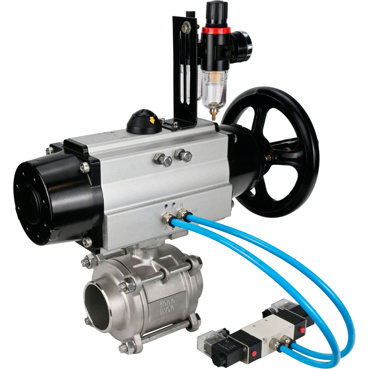 Kugelhähne Elephant BV3232P(3pc)-FP-W-ISO-H, Gehäusematerial - Edelstahl AISI 316, Dichtung - PTFE / PTFE / Teflon, mit pneumatischem Doppelwirkungsantrieb PA-DA-105-1, 4V320-08 220V, ATU AFC2000