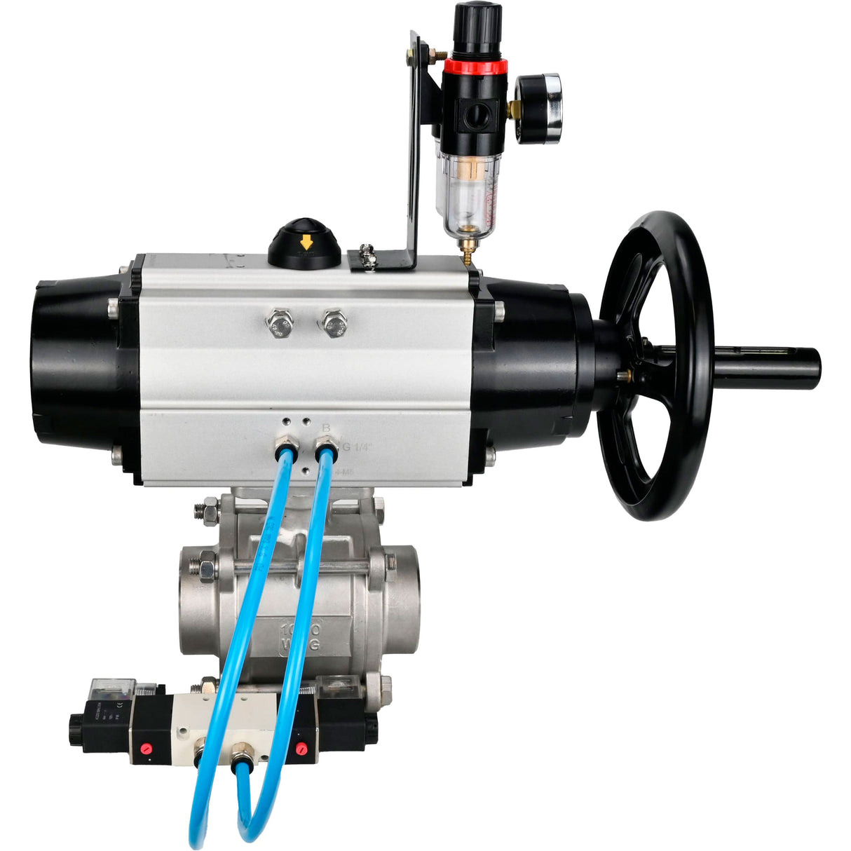 Kugelhähne Elephant BV3232P(3pc)-FP-W-ISO-H, Gehäusematerial - Edelstahl AISI 316, Dichtung - PTFE / PTFE / Teflon, mit pneumatischem Doppelwirkungsantrieb PA-DA-105-1, 4V320-08 220V, ATU AFC2000