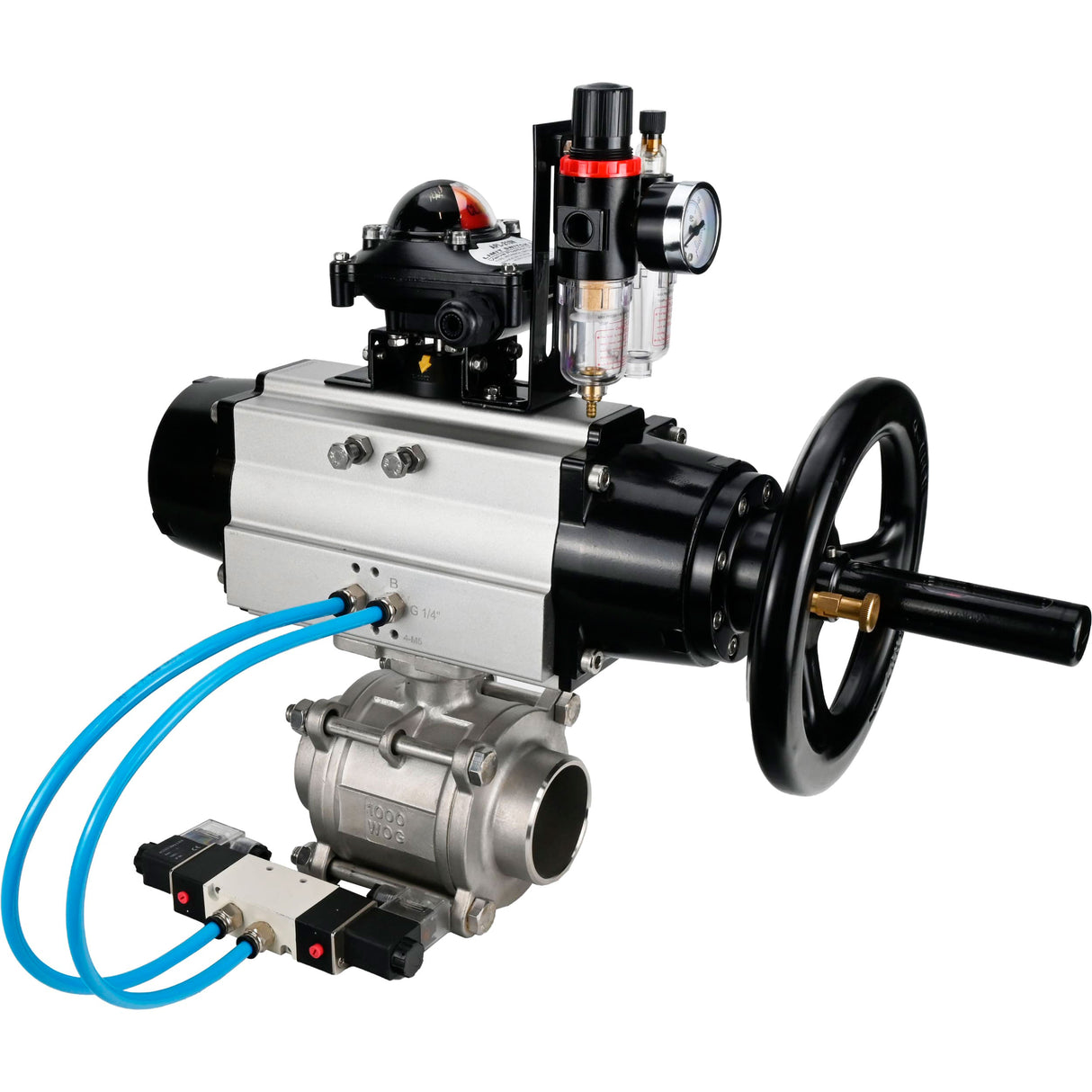 Kugelhähne Elephant BV3232P(3pc)-FP-W-ISO-H, Gehäusematerial - Edelstahl AISI 316, Dichtung - PTFE / PTFE / Teflon, mit pneumatischem Doppelwirkungsantrieb PA-DA-105-1, 4V320-10 220V, LSU APL-210N, ATU AFC2000