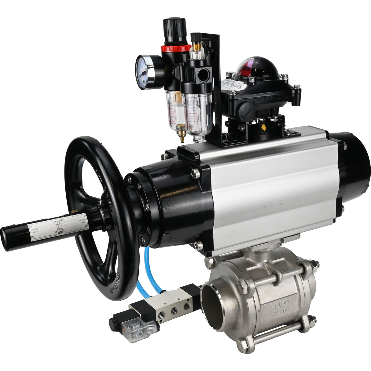 Kugelhähne Elephant BV3232P(3pc)-FP-W-ISO-H, Gehäusematerial - Edelstahl AISI 316, Dichtung - PTFE / PTFE / Teflon, mit pneumatischem Doppelwirkungsantrieb PA-DA-105-1, 4V320-10 220V, LSU APL-210N, ATU AFC2000