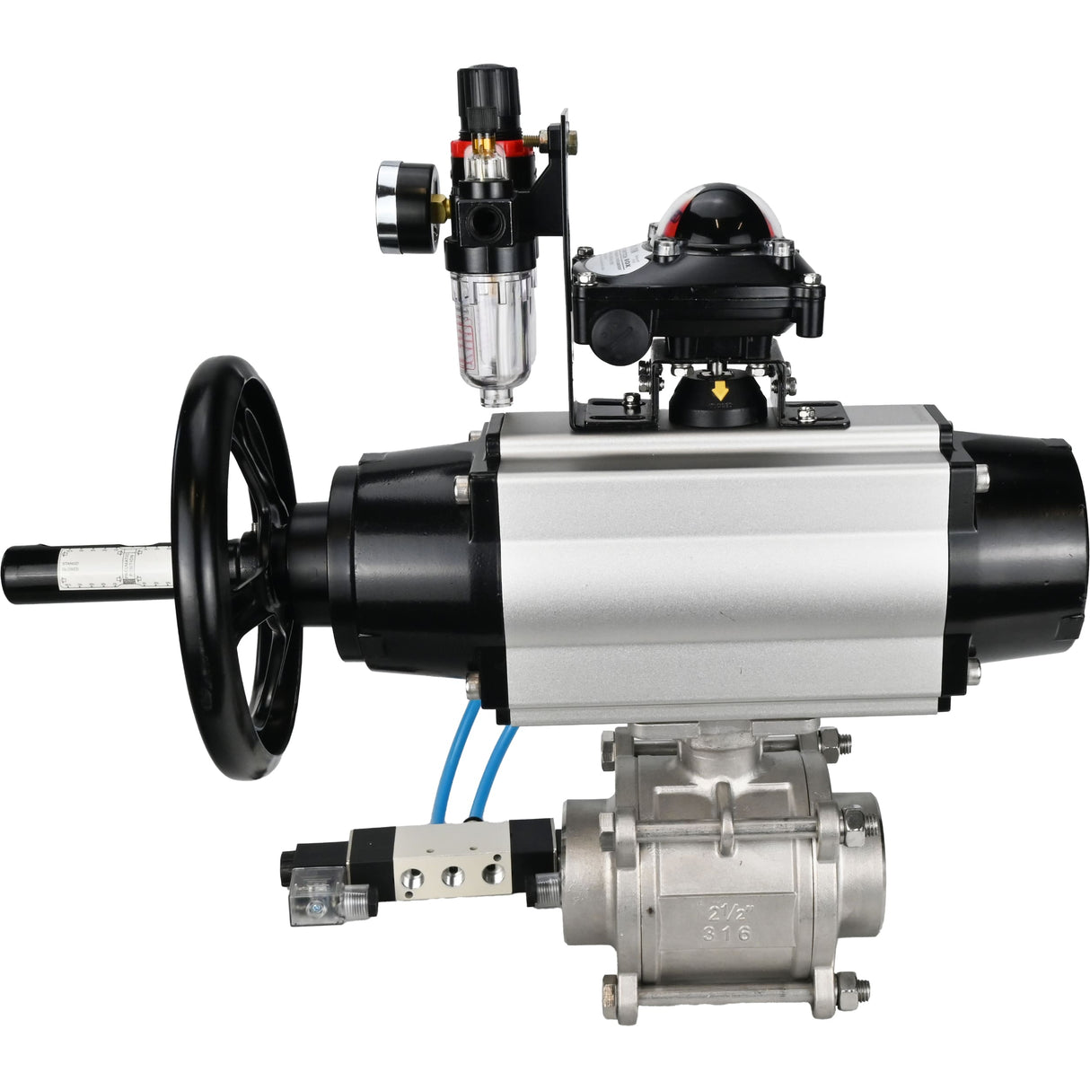 Kugelhähne Elephant BV3232P(3pc)-FP-W-ISO-H, Gehäusematerial - Edelstahl AISI 316, Dichtung - PTFE / PTFE / Teflon, mit pneumatischem Doppelwirkungsantrieb PA-DA-105-1, 4V320-10 220V, LSU APL-210N, ATU AFC2000