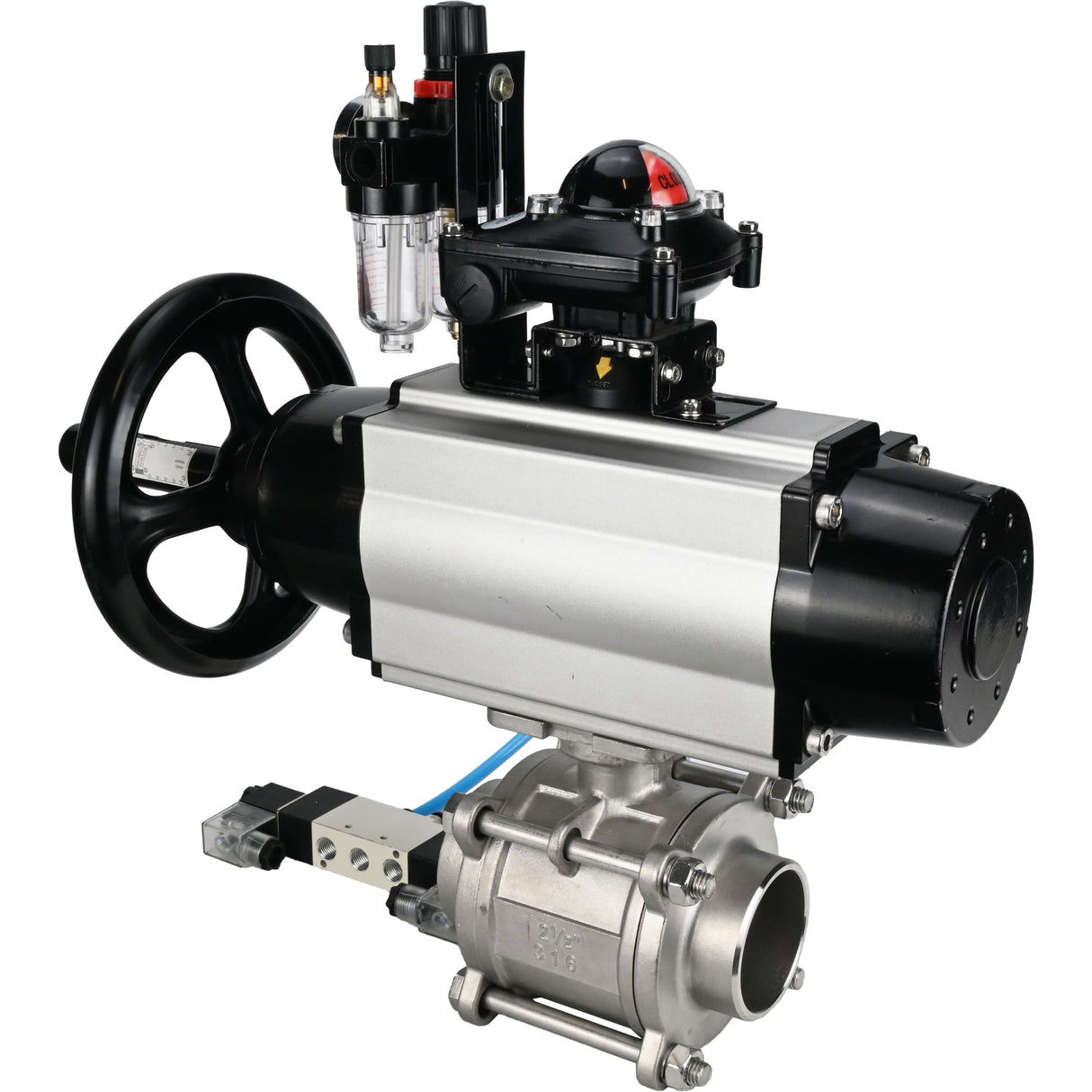 Kugelhähne Elephant BV3232P(3pc)-FP-W-ISO-H, Gehäusematerial - Edelstahl AISI 316, Dichtung - PTFE / PTFE / Teflon, mit pneumatischem Doppelwirkungsantrieb PA-DA-105-1, 4V320-10 220V, LSU APL-210N, ATU AFC2000