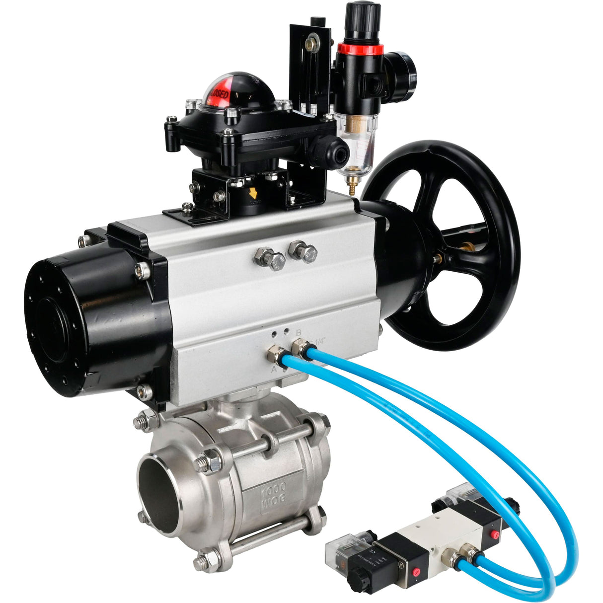 Kugelhähne Elephant BV3232P(3pc)-FP-W-ISO-H, Gehäusematerial - Edelstahl AISI 316, Dichtung - PTFE / PTFE / Teflon, mit pneumatischem Doppelwirkungsantrieb PA-DA-105-1, 4V320-10 220V, LSU APL-210N, ATU AFC2000