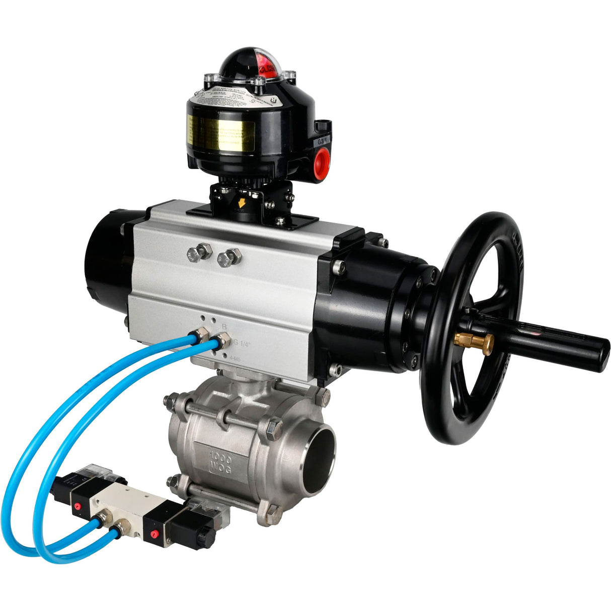 Kugelhähne Elephant BV3232P(3pc)-FP-W-ISO-H, Gehäusematerial - Edelstahl AISI 316, Dichtung - PTFE / PTFE / Teflon, mit pneumatischem Doppelwirkungsantrieb PA-DA-105-1, 4V320-10 220V, LSU APL-510N Ex