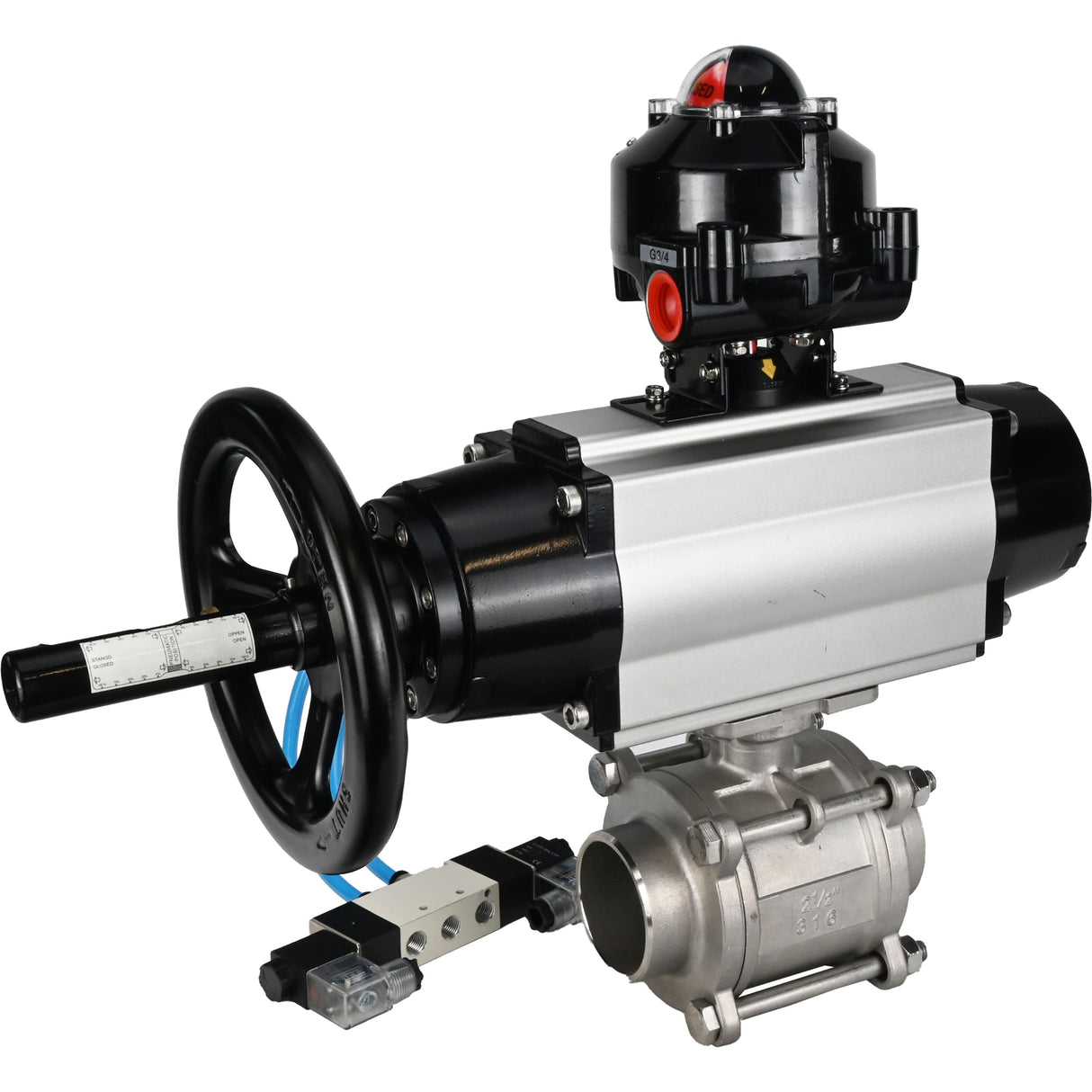 Kugelhähne Elephant BV3232P(3pc)-FP-W-ISO-H, Gehäusematerial - Edelstahl AISI 316, Dichtung - PTFE / PTFE / Teflon, mit pneumatischem Doppelwirkungsantrieb PA-DA-105-1, 4V320-10 220V, LSU APL-510N Ex