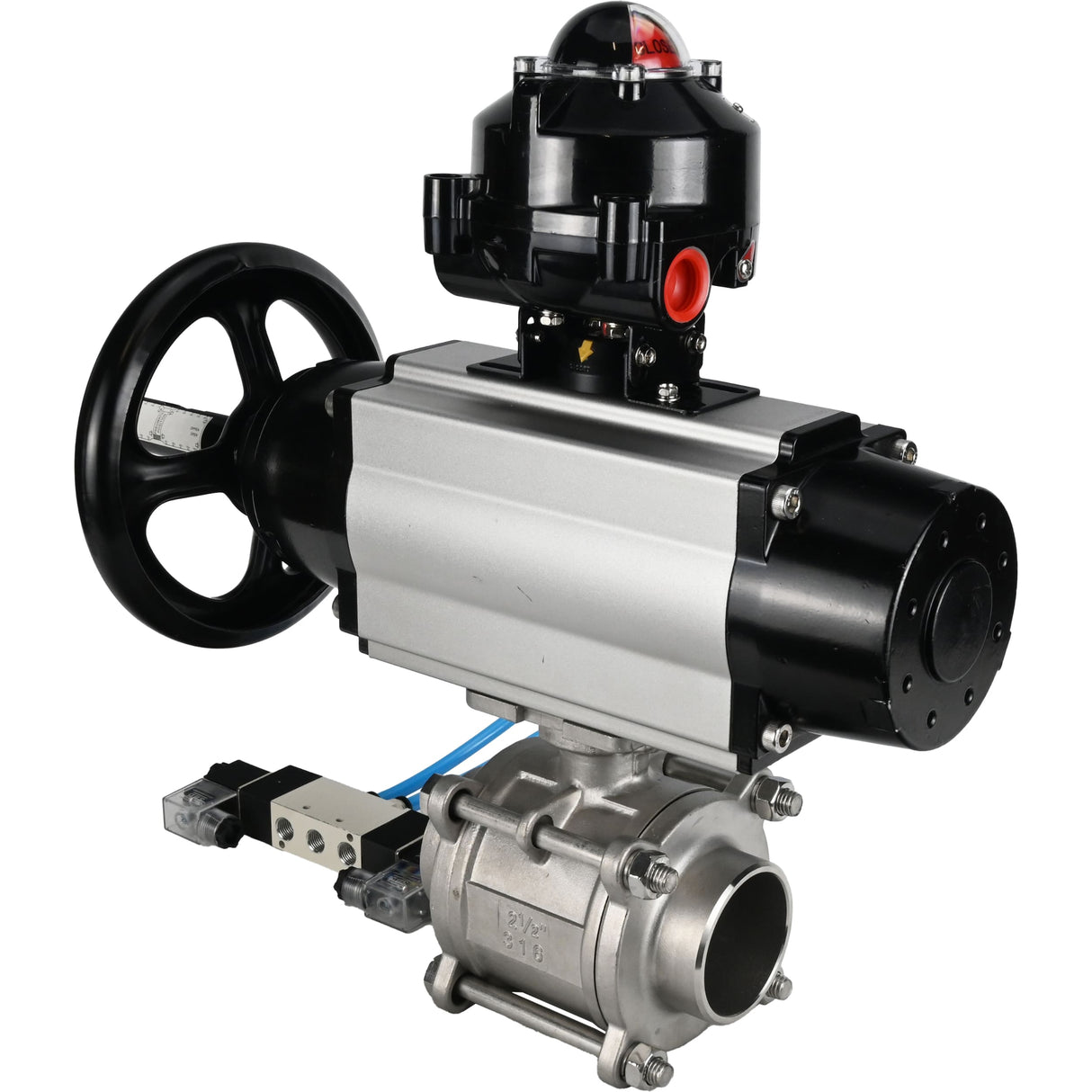 Kugelhähne Elephant BV3232P(3pc)-FP-W-ISO-H, Gehäusematerial - Edelstahl AISI 316, Dichtung - PTFE / PTFE / Teflon, mit pneumatischem Doppelwirkungsantrieb PA-DA-105-1, 4V320-10 220V, LSU APL-510N Ex