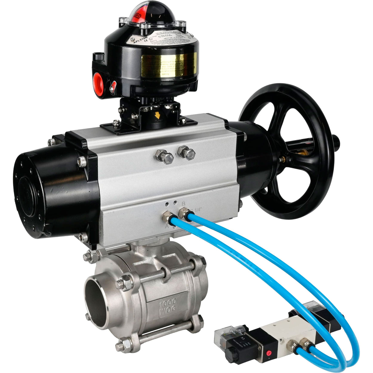 Kugelhähne Elephant BV3232P(3pc)-FP-W-ISO-H, Gehäusematerial - Edelstahl AISI 316, Dichtung - PTFE / PTFE / Teflon, mit pneumatischem Doppelwirkungsantrieb PA-DA-105-1, 4V320-10 220V, LSU APL-510N Ex