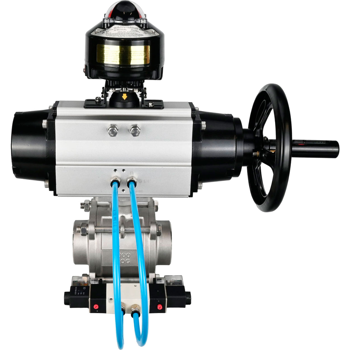 Kugelhähne Elephant BV3232P(3pc)-FP-W-ISO-H, Gehäusematerial - Edelstahl AISI 316, Dichtung - PTFE / PTFE / Teflon, mit pneumatischem Doppelwirkungsantrieb PA-DA-105-1, 4V320-10 220V, LSU APL-510N Ex