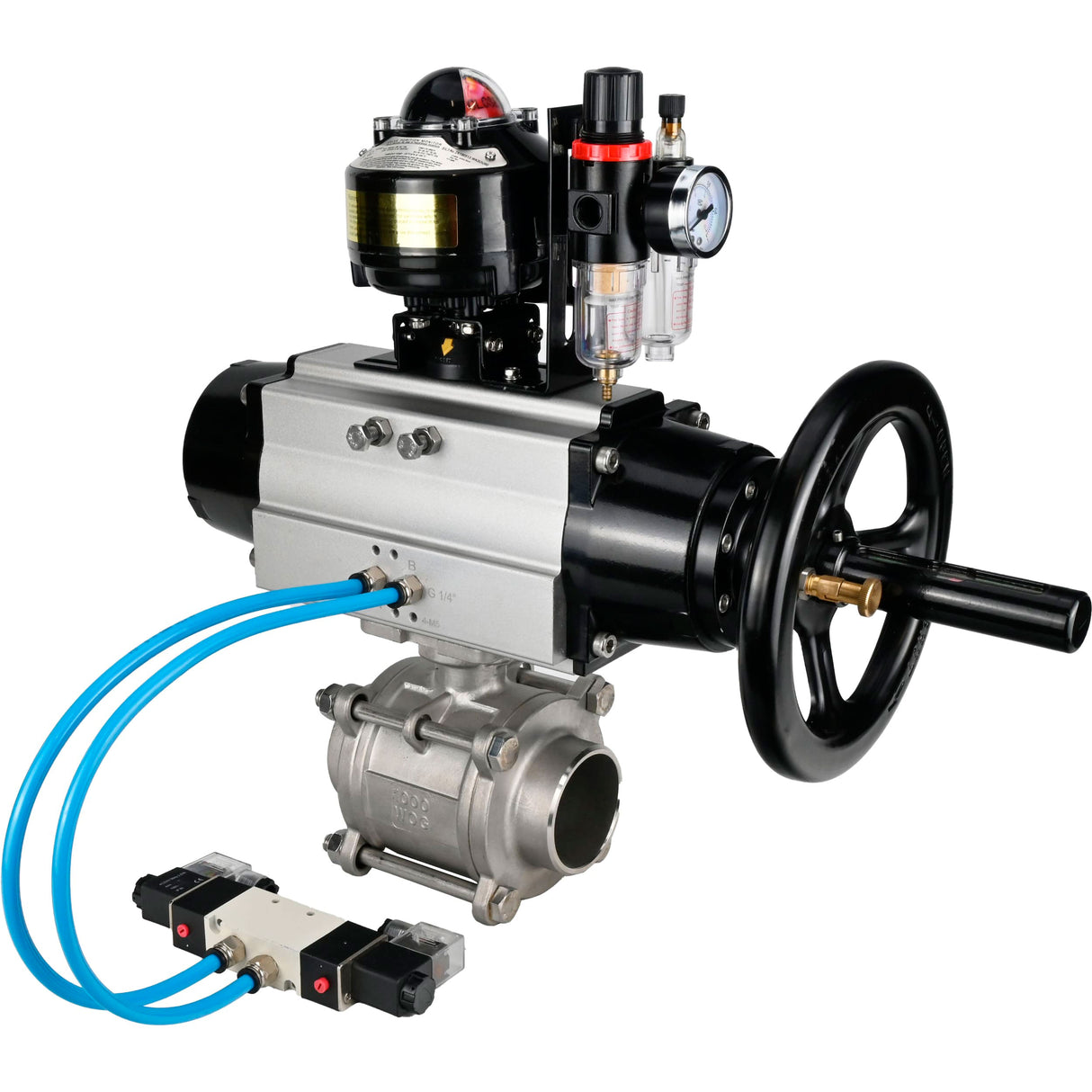 Kugelhähne Elephant BV3232P(3pc)-FP-W-ISO-H, Gehäusematerial - Edelstahl AISI 316, Dichtung - PTFE / PTFE / Teflon, mit pneumatischem Doppelwirkungsantrieb PA-DA-105-1, 4V320-08 220V, LSU APL-510N Ex, ATU AFC2000