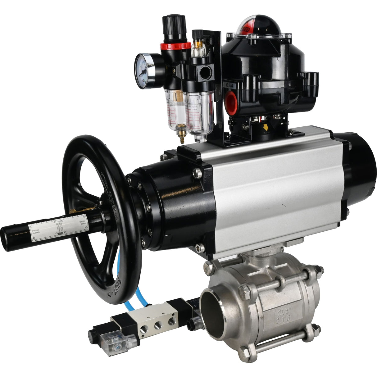 Kugelhähne Elephant BV3232P(3pc)-FP-W-ISO-H, Gehäusematerial - Edelstahl AISI 316, Dichtung - PTFE / PTFE / Teflon, mit pneumatischem Doppelwirkungsantrieb PA-DA-105-1, 4V320-08 220V, LSU APL-510N Ex, ATU AFC2000