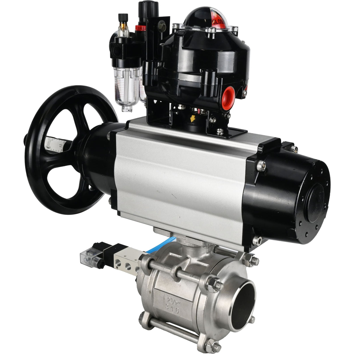 Kugelhähne Elephant BV3232P(3pc)-FP-W-ISO-H, Gehäusematerial - Edelstahl AISI 316, Dichtung - PTFE / PTFE / Teflon, mit pneumatischem Doppelwirkungsantrieb PA-DA-105-1, 4V320-08 220V, LSU APL-510N Ex, ATU AFC2000