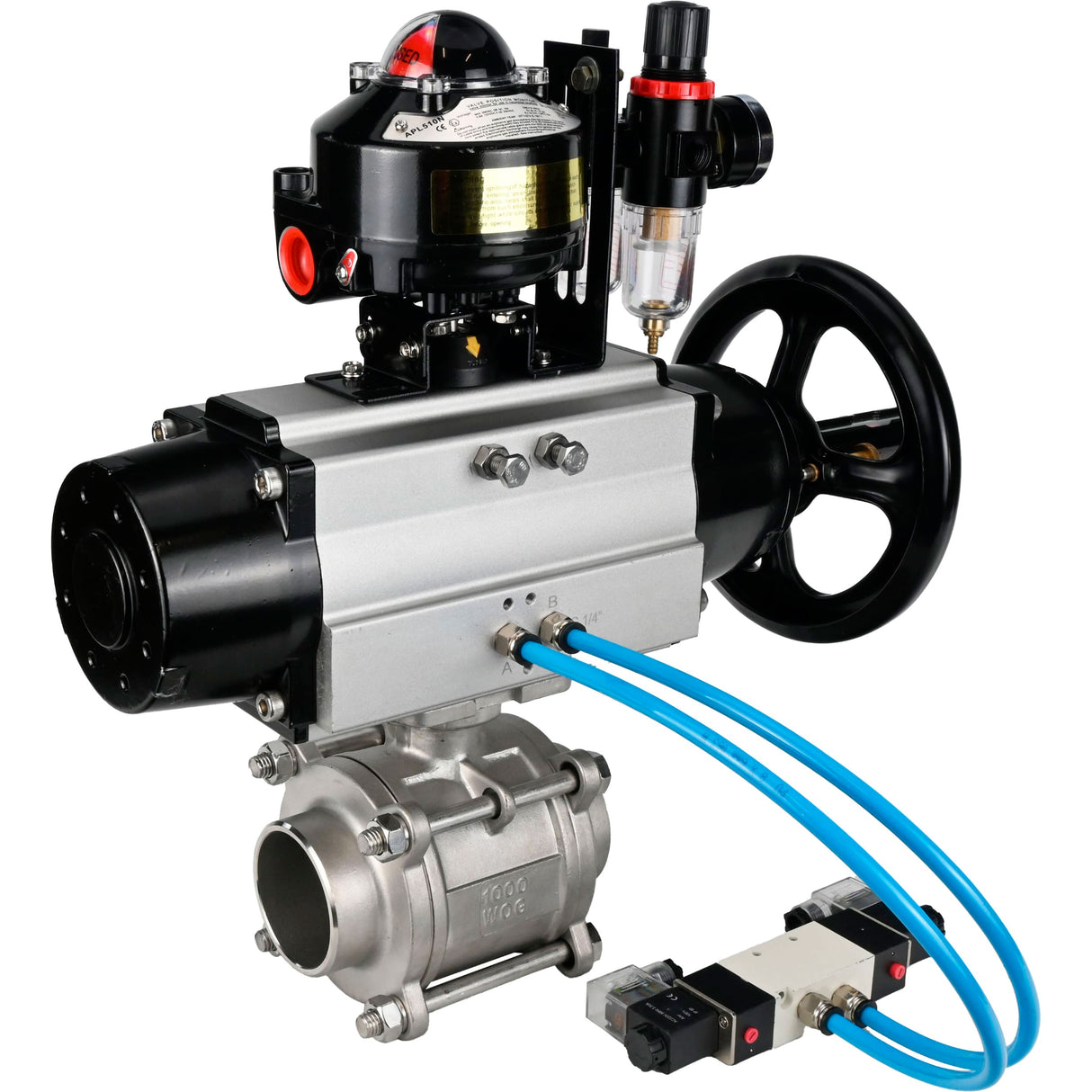 Kugelhähne Elephant BV3232P(3pc)-FP-W-ISO-H, Gehäusematerial - Edelstahl AISI 316, Dichtung - PTFE / PTFE / Teflon, mit pneumatischem Doppelwirkungsantrieb PA-DA-105-1, 4V320-08 220V, LSU APL-510N Ex, ATU AFC2000