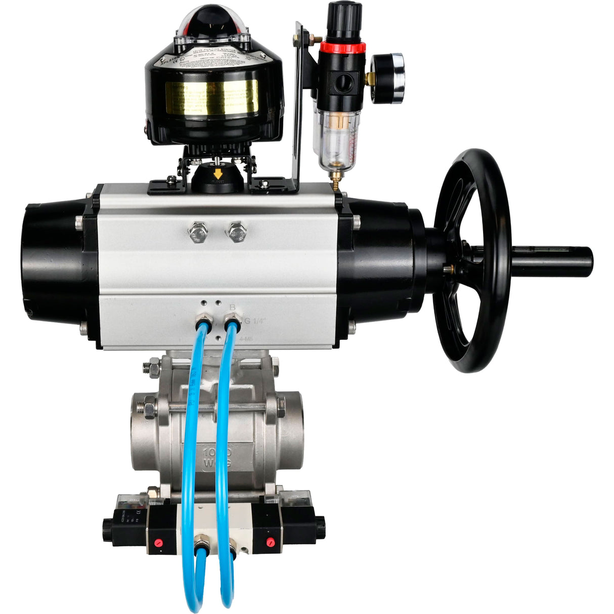 Kugelhähne Elephant BV3232P(3pc)-FP-W-ISO-H, Gehäusematerial - Edelstahl AISI 316, Dichtung - PTFE / PTFE / Teflon, mit pneumatischem Doppelwirkungsantrieb PA-DA-105-1, 4V320-08 220V, LSU APL-510N Ex, ATU AFC2000