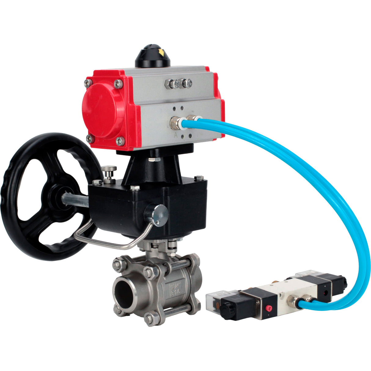 Kugelhähne Elephant BV3232P(3pc)-FP-W-ISO-H, Gehäusematerial - Edelstahl AISI 316, Dichtung - PTFE / PTFE / Teflon, mit pneumatischem Doppelwirkungsantrieb PA-DA, 4V320-10 220V, Handrad MON