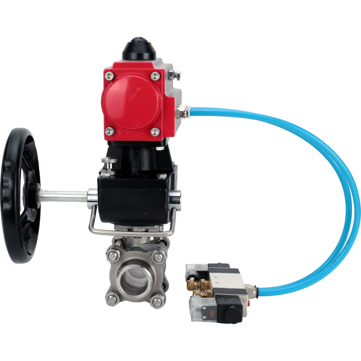 Kugelhähne Elephant BV3232P(3pc)-FP-W-ISO-H, Gehäusematerial - Edelstahl AISI 316, Dichtung - PTFE / PTFE / Teflon, mit pneumatischem Doppelwirkungsantrieb PA-DA, 4V320-10 220V, Handrad MON