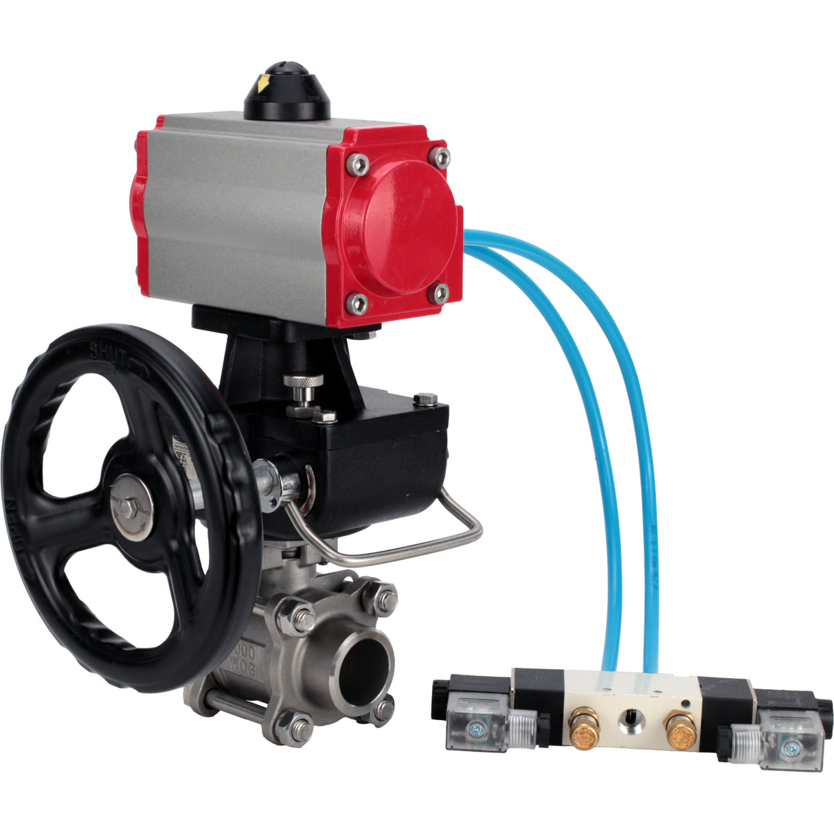 Kugelhähne Elephant BV3232P(3pc)-FP-W-ISO-H, Gehäusematerial - Edelstahl AISI 316, Dichtung - PTFE / PTFE / Teflon, mit pneumatischem Doppelwirkungsantrieb PA-DA, 4V320-10 220V, Handrad MON