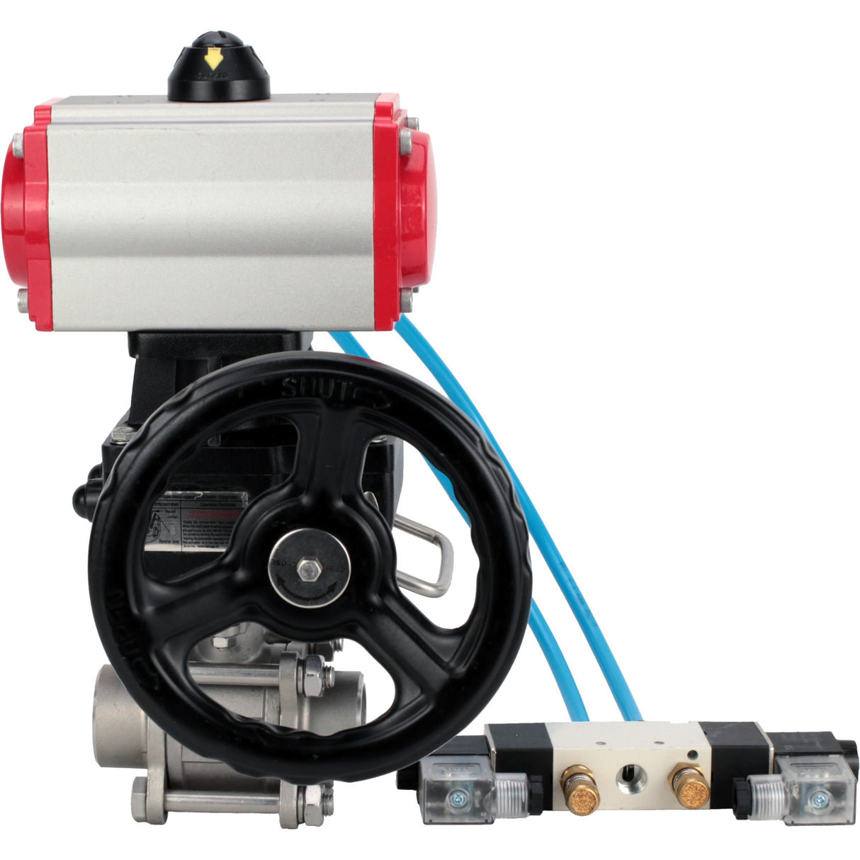 Kugelhähne Elephant BV3232P(3pc)-FP-W-ISO-H, Gehäusematerial - Edelstahl AISI 316, Dichtung - PTFE / PTFE / Teflon, mit pneumatischem Doppelwirkungsantrieb PA-DA, 4V320-10 220V, Handrad MON