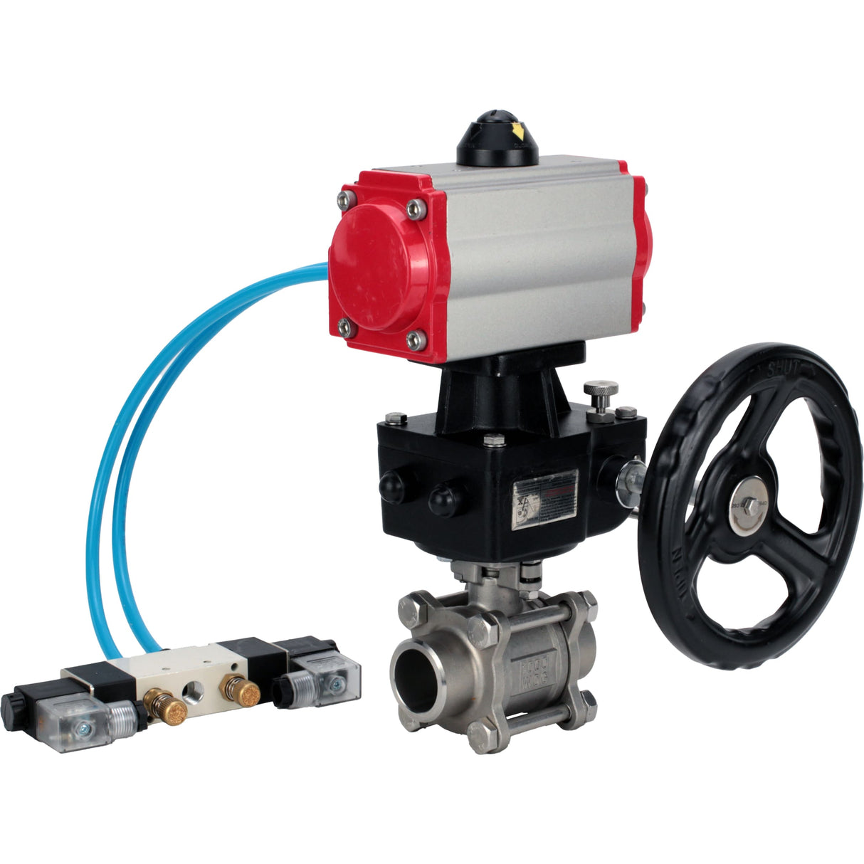 Kugelhähne Elephant BV3232P(3pc)-FP-W-ISO-H, Gehäusematerial - Edelstahl AISI 316, Dichtung - PTFE / PTFE / Teflon, mit pneumatischem Doppelwirkungsantrieb PA-DA, 4V320-10 220V, Handrad MON