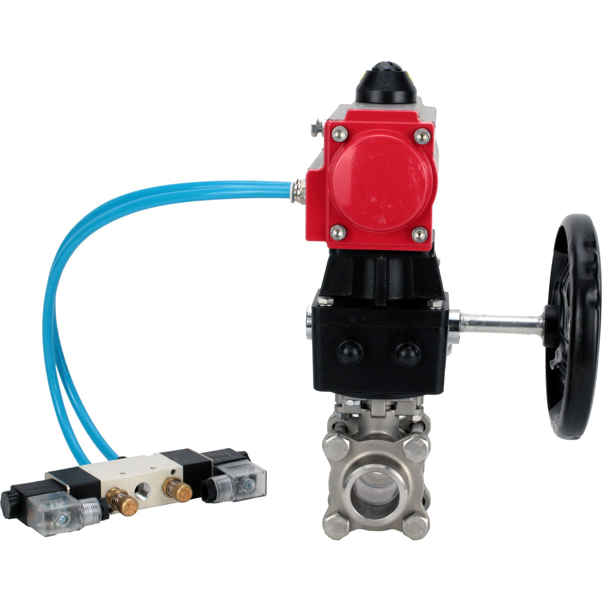 Kugelhähne Elephant BV3232P(3pc)-FP-W-ISO-H, Gehäusematerial - Edelstahl AISI 316, Dichtung - PTFE / PTFE / Teflon, mit pneumatischem Doppelwirkungsantrieb PA-DA, 4V320-10 220V, Handrad MON